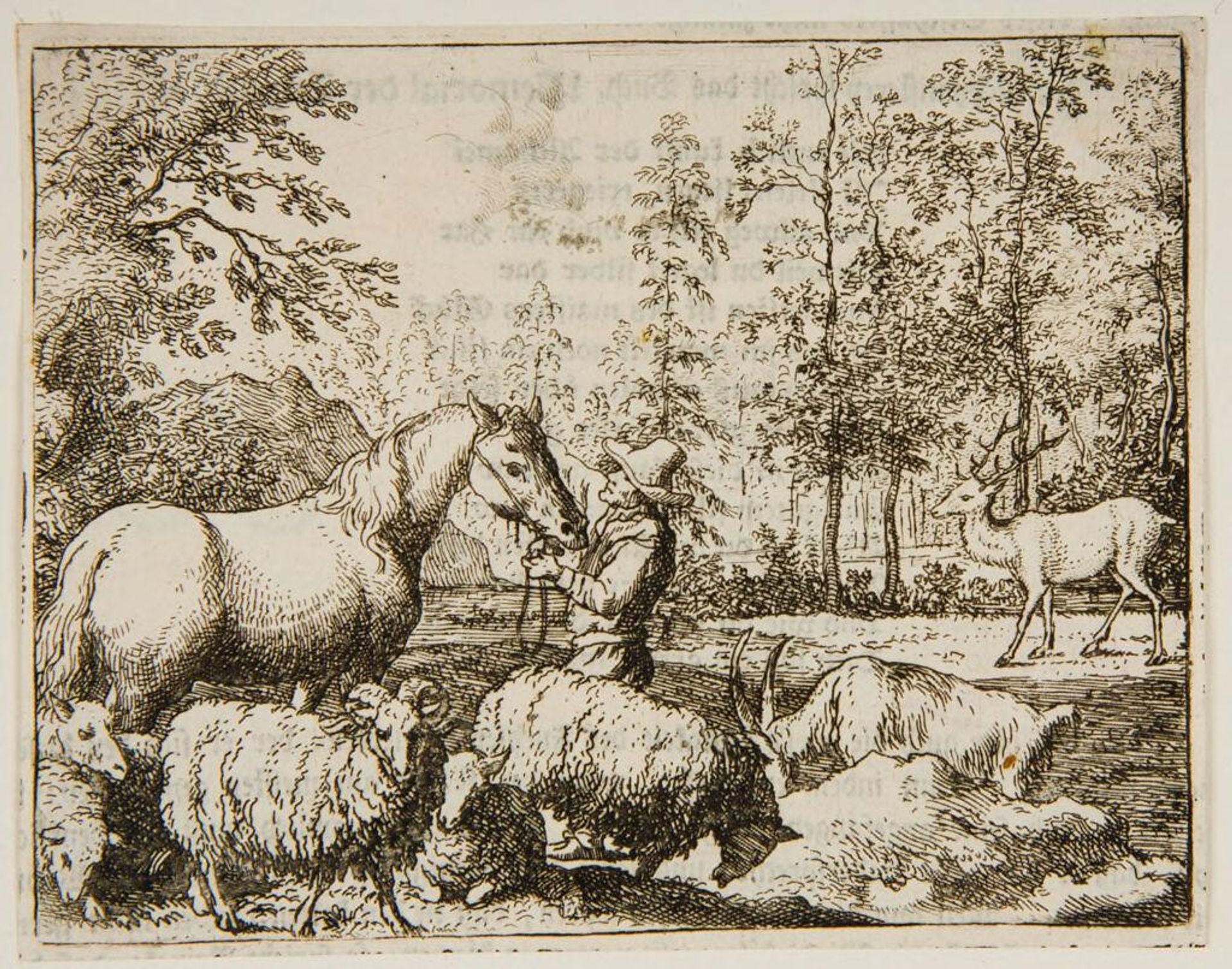 Man and horse surrounded by sheep, goat, and dear by Allart van Everdingen