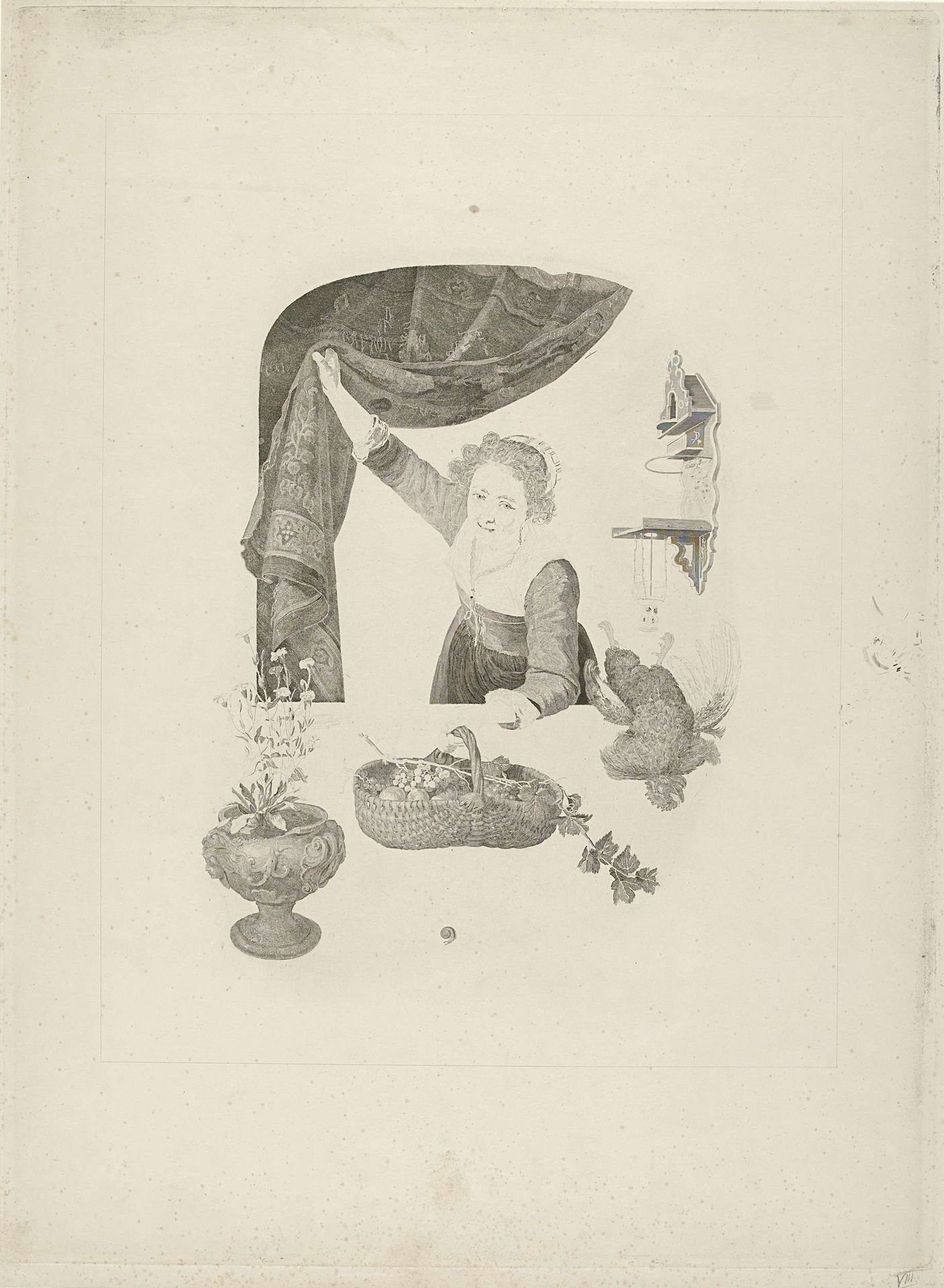Vrouw met mand met vruchten in de hand bij het raam by Henricus Wilhelmus Couwenberg