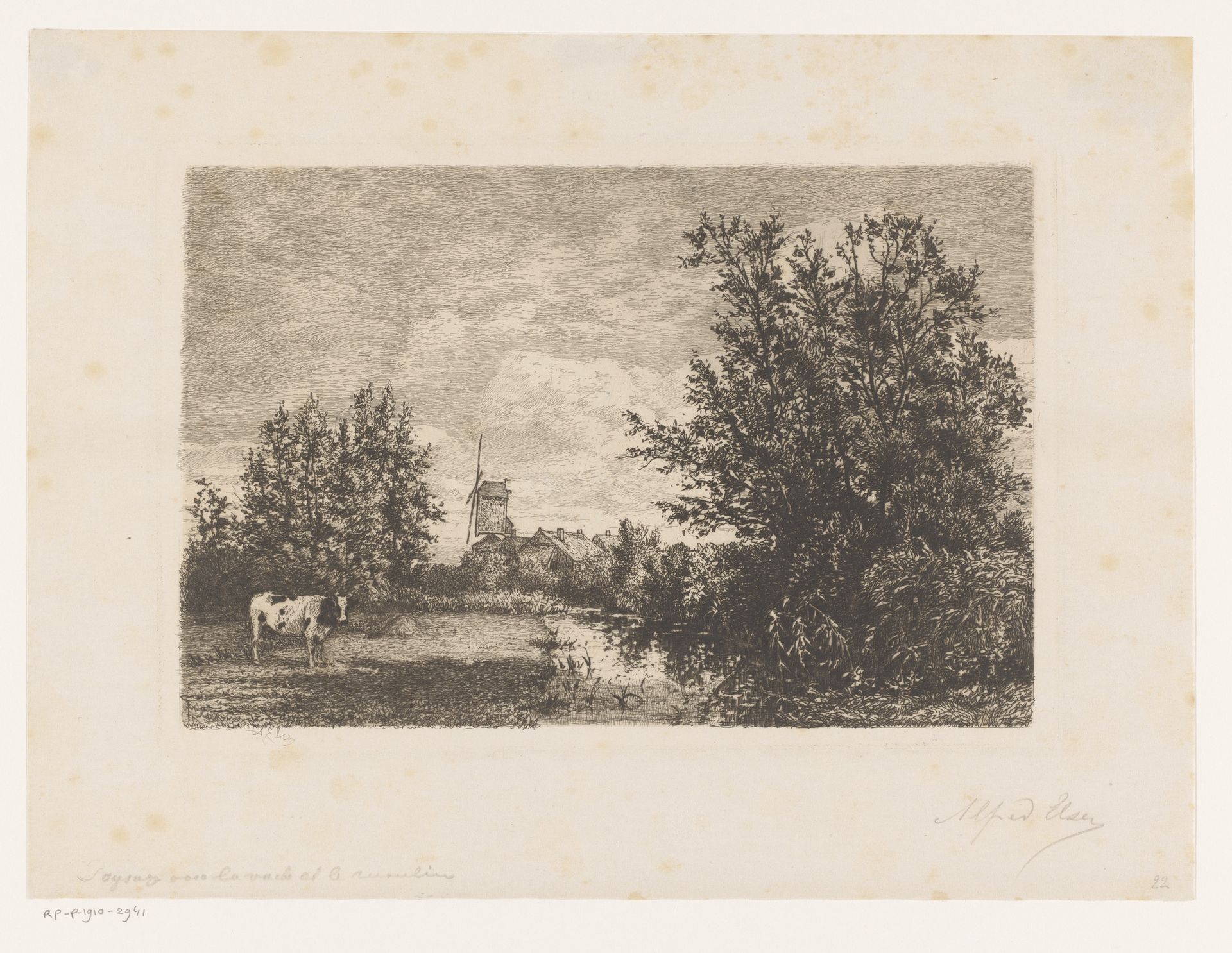 Landschap met molen en koe by Alfred Elsen