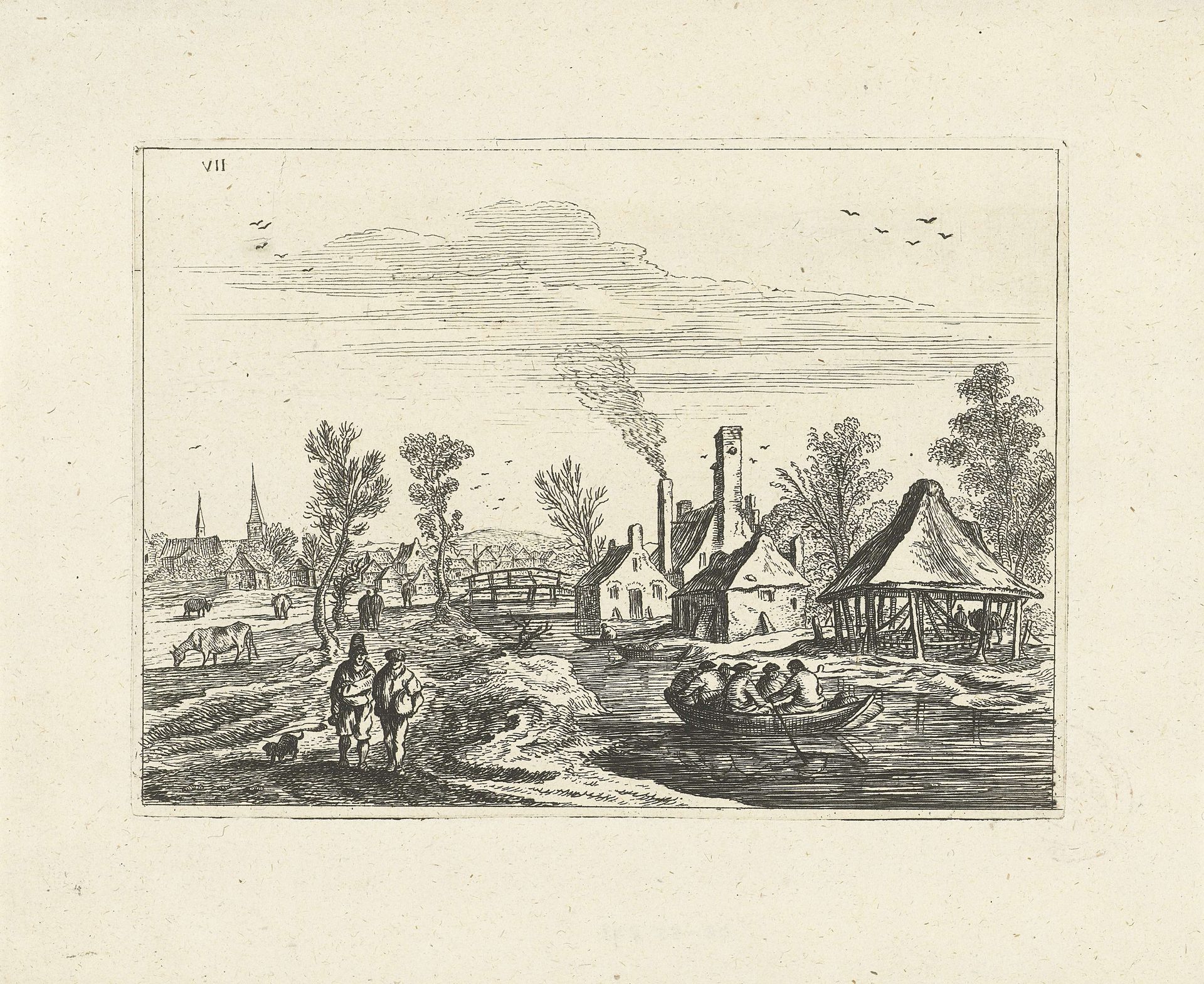 Landschap met dorp aan rivier by Johannes Gronsveld