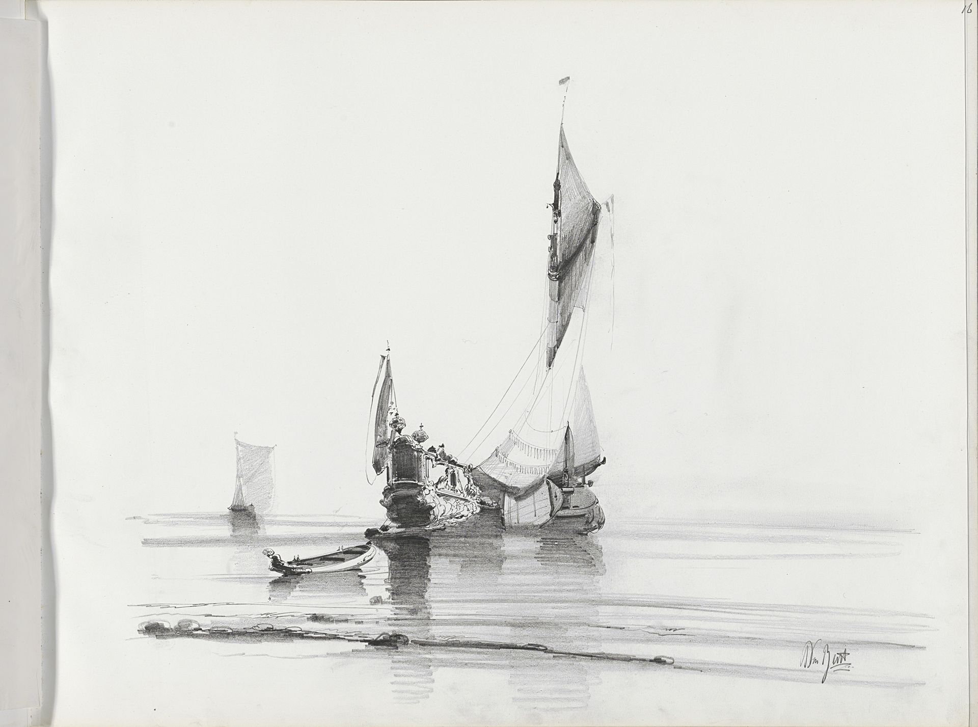 Zeilschip voor anker voor een kust by Albertus van Beest