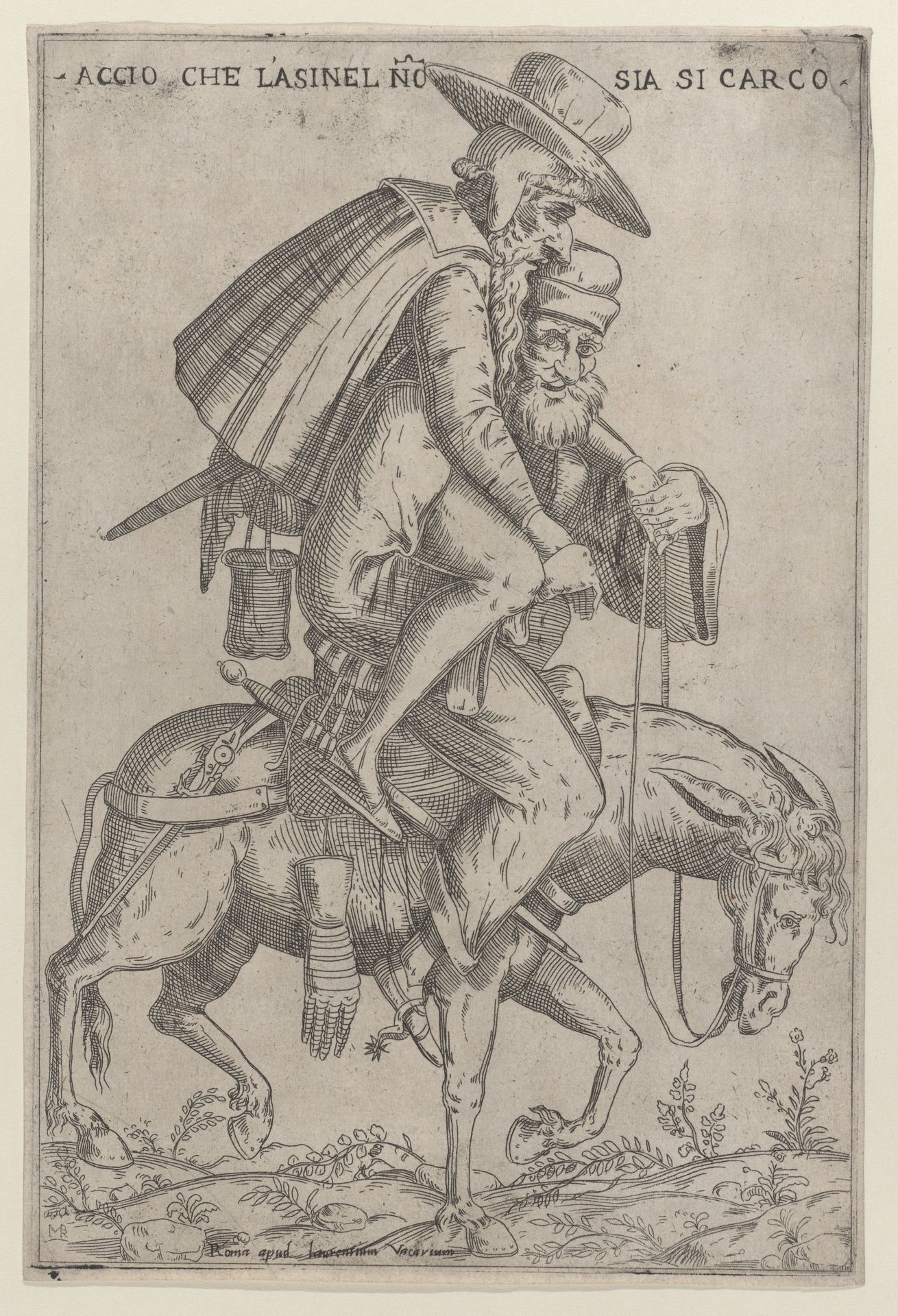 Caricature with two men on a mule by Giovanni Ambrogio Brambilla