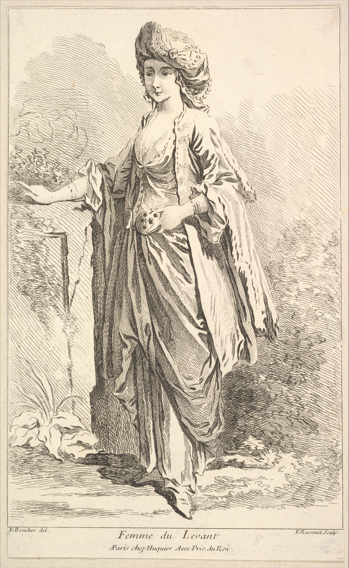 Femme du Levant, from Recueil de diverses fig.res étrangeres Inventées par F. Boucher P.tre du Roy et Gravées par F. Ravenet (Collection of Various Foreign Figures, Devised by F. Boucher, Painter of the King and Engraved [etched] by F. Ravenet), plate 8 by Simon Francis Ravenet, the elder