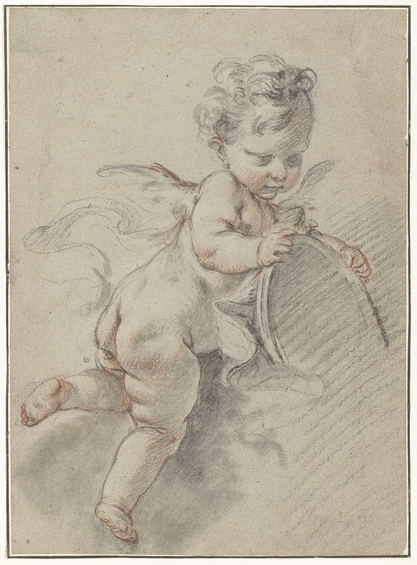 Zwevende putto met een toiletspiegel by Francois Boucher