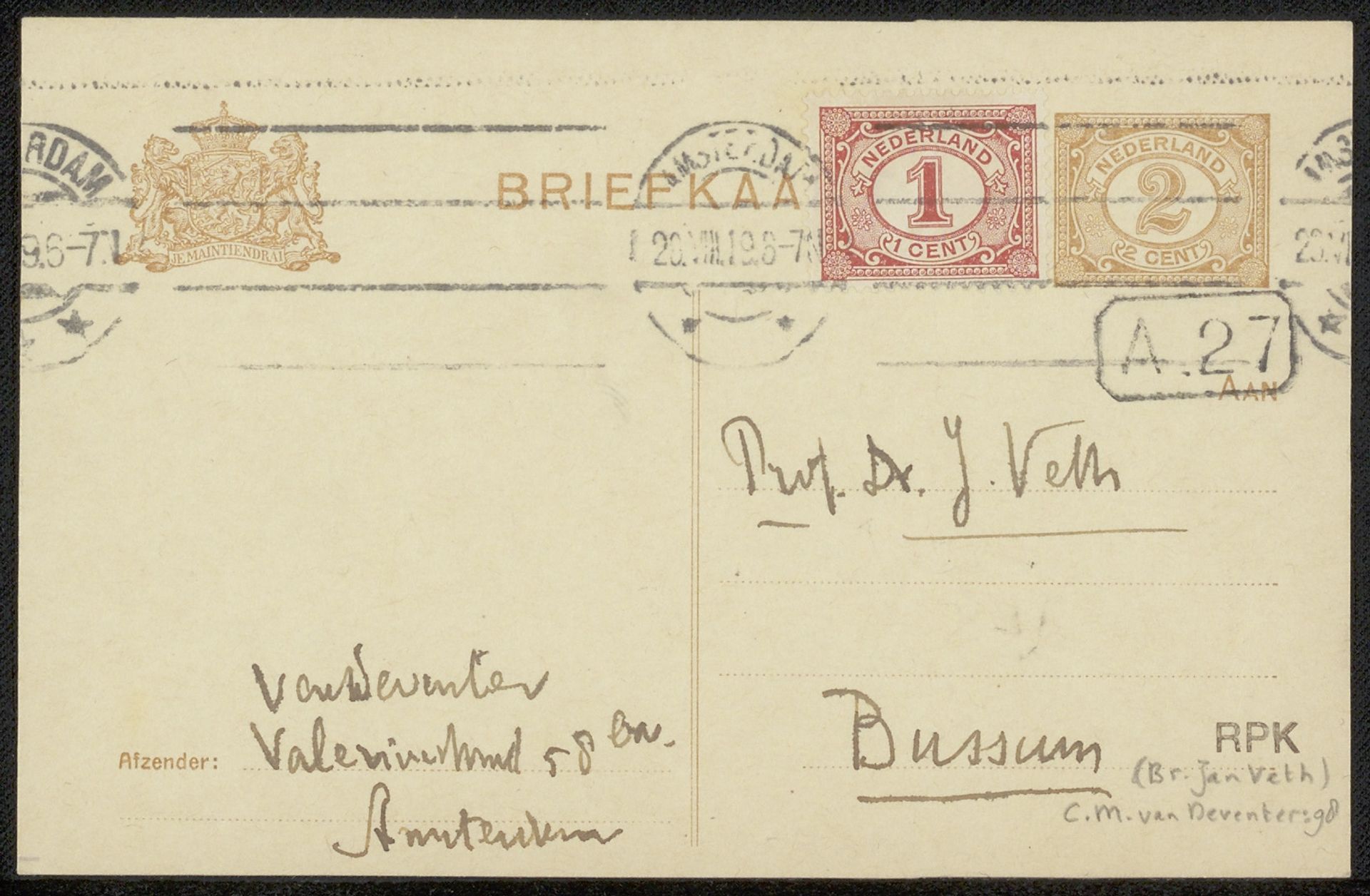 Briefkaart aan Jan Veth by Chap van Deventer