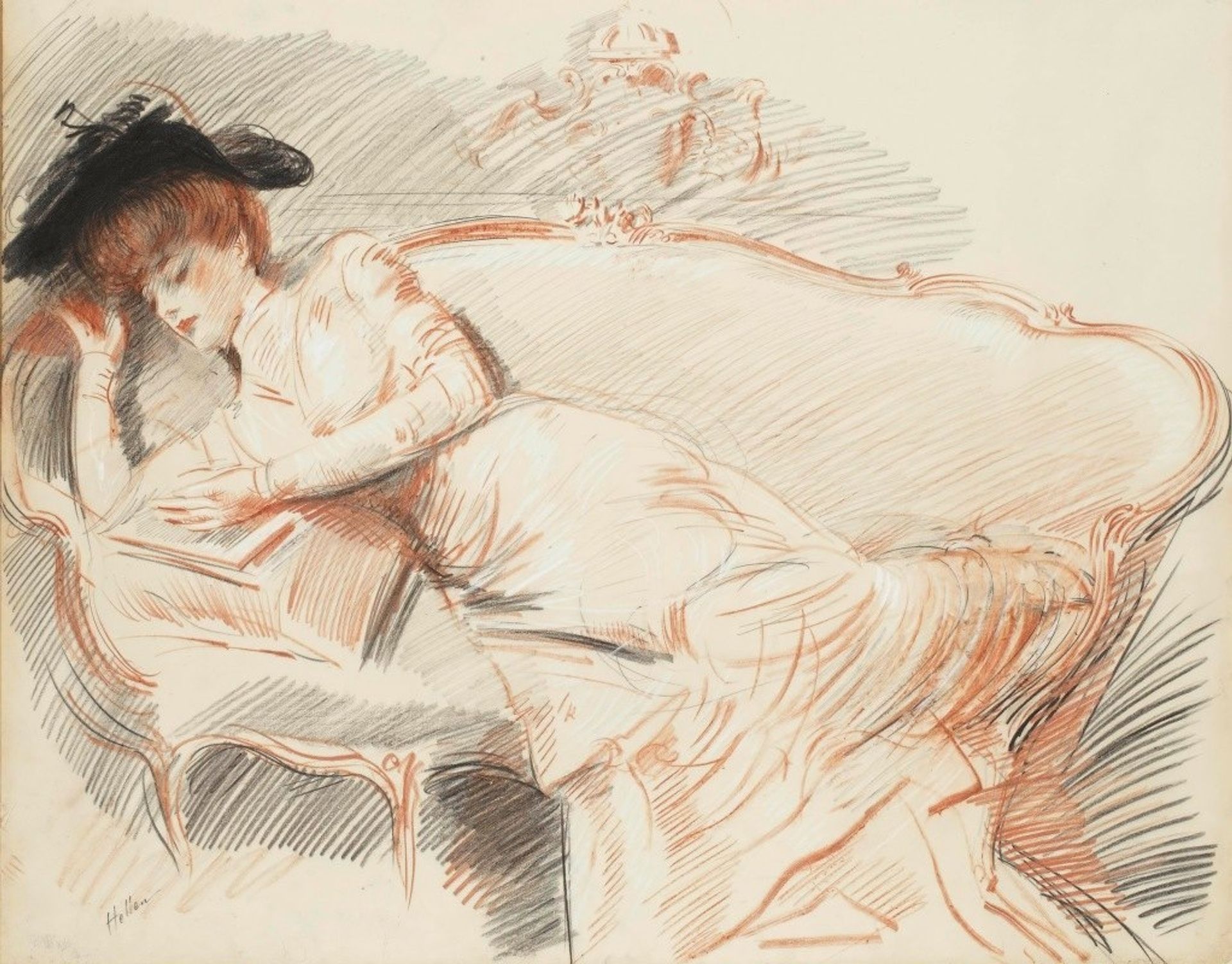 Elégante lisant sur un canapé by Paul César Helleu