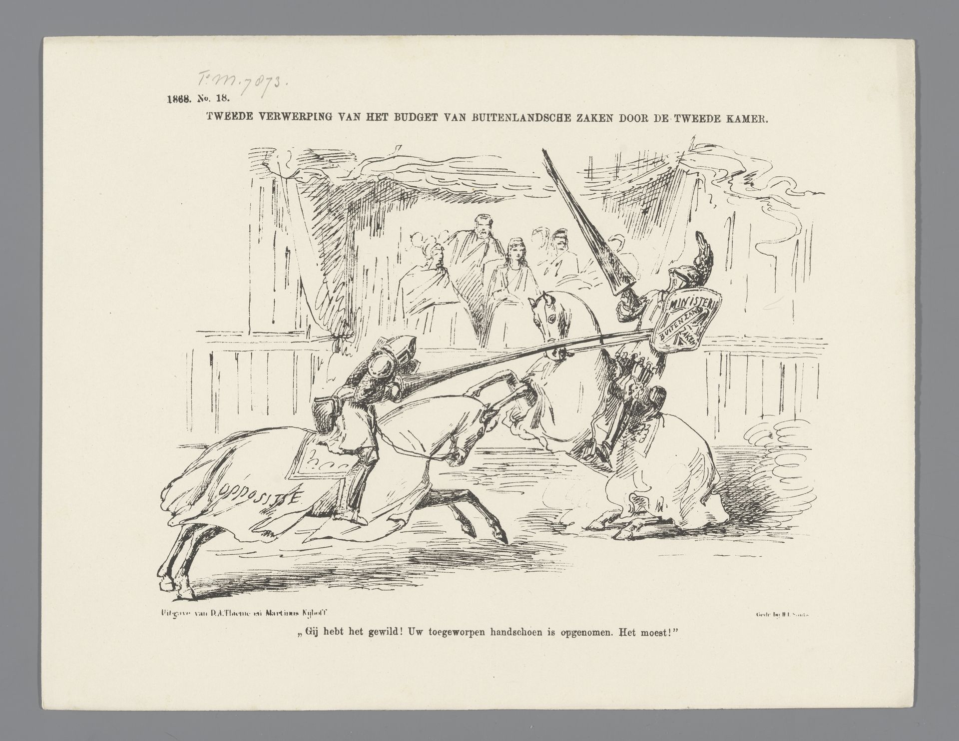 Spotprent op de verwerping van het budget van minister Van Zuylen, 1868 by Johan Michaël Schmidt Crans