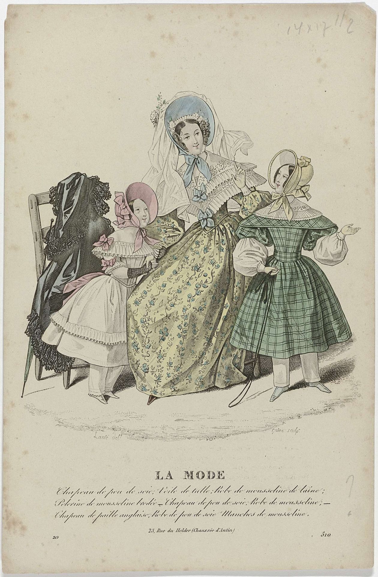 La Mode, 1836, Pl. 510 : Chapeau de peu de soi (...) by Georges Jacques Gatine