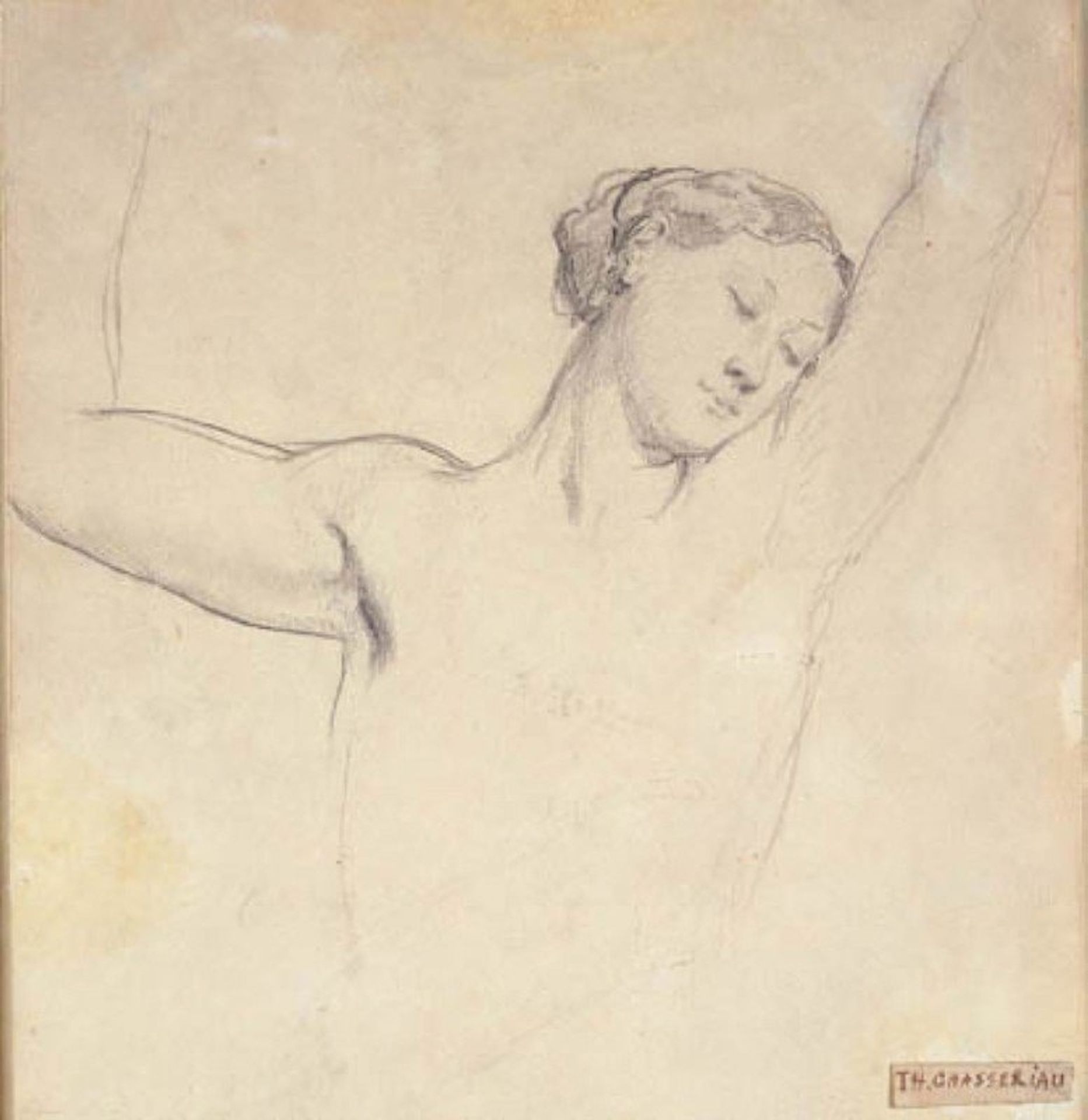 Kvindelig model, halvfigur med hævede arme by Théodore Chassériau