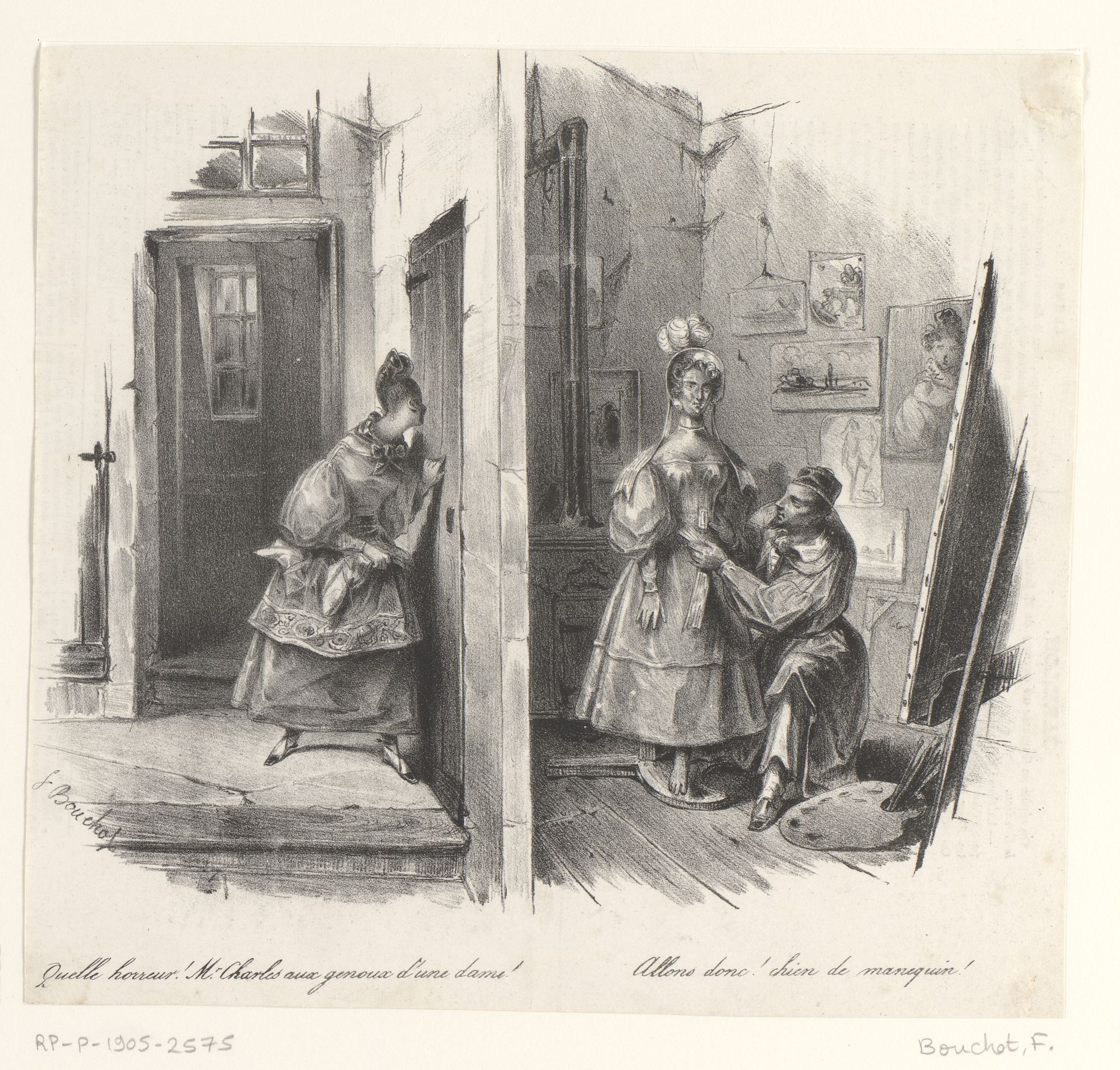 Jonge vrouw bespioneert een schilder in zijn atelier by Frédéric Bouchot