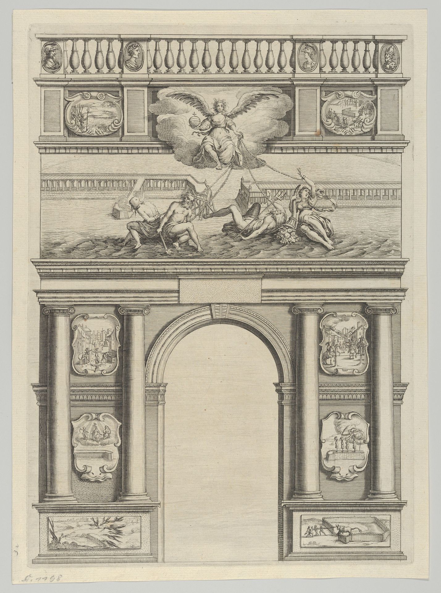 Triumphal arch, from 'Éloges et discours sur la triomphante réception du Roy en sa ville de Paris ...' by Jean-Baptiste de Machault by Melchior Tavernier