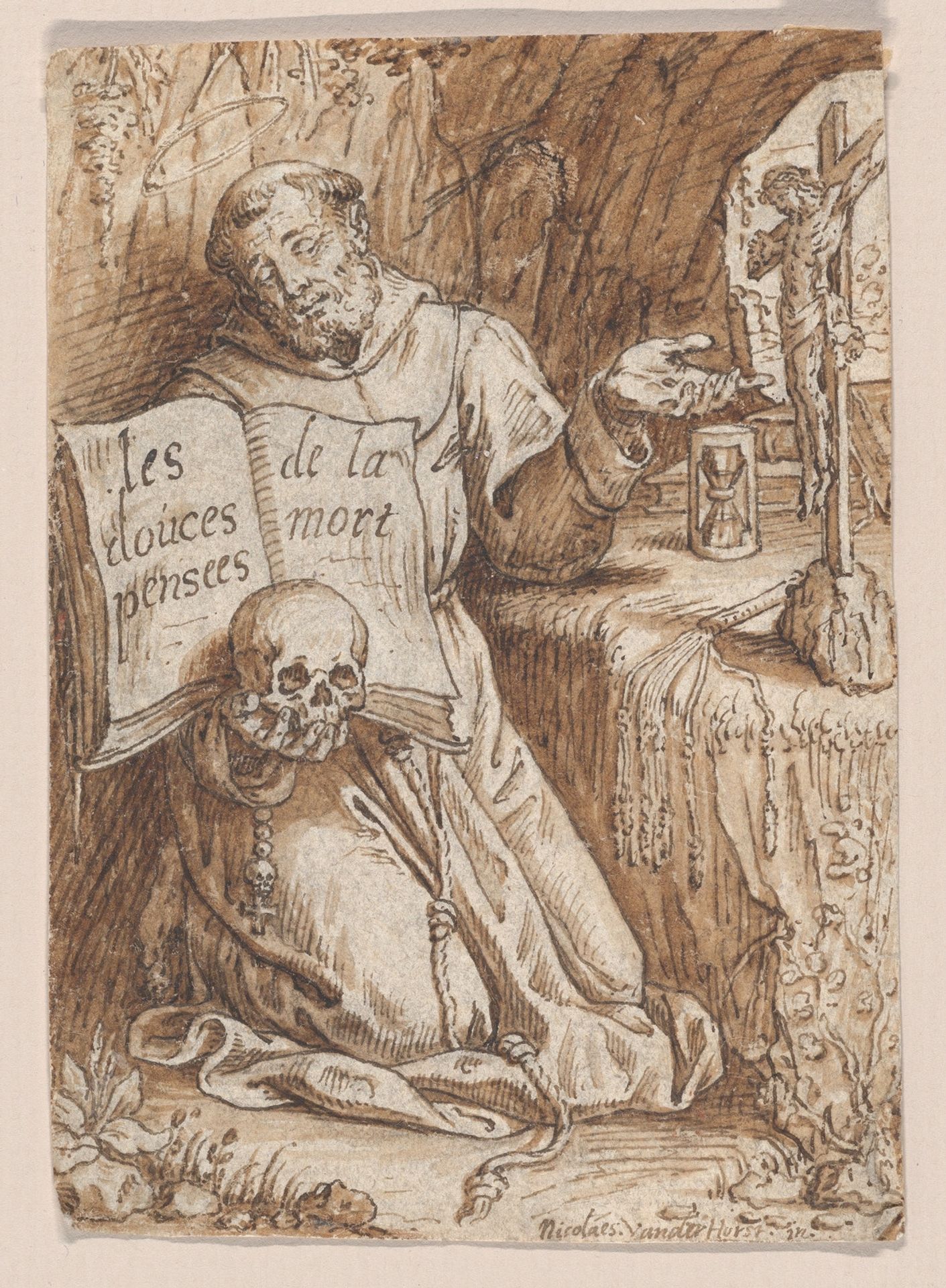 Saint Francis Kneeling in a Grotto, holding a Book and a Skull by Nicolaas van der Horst
