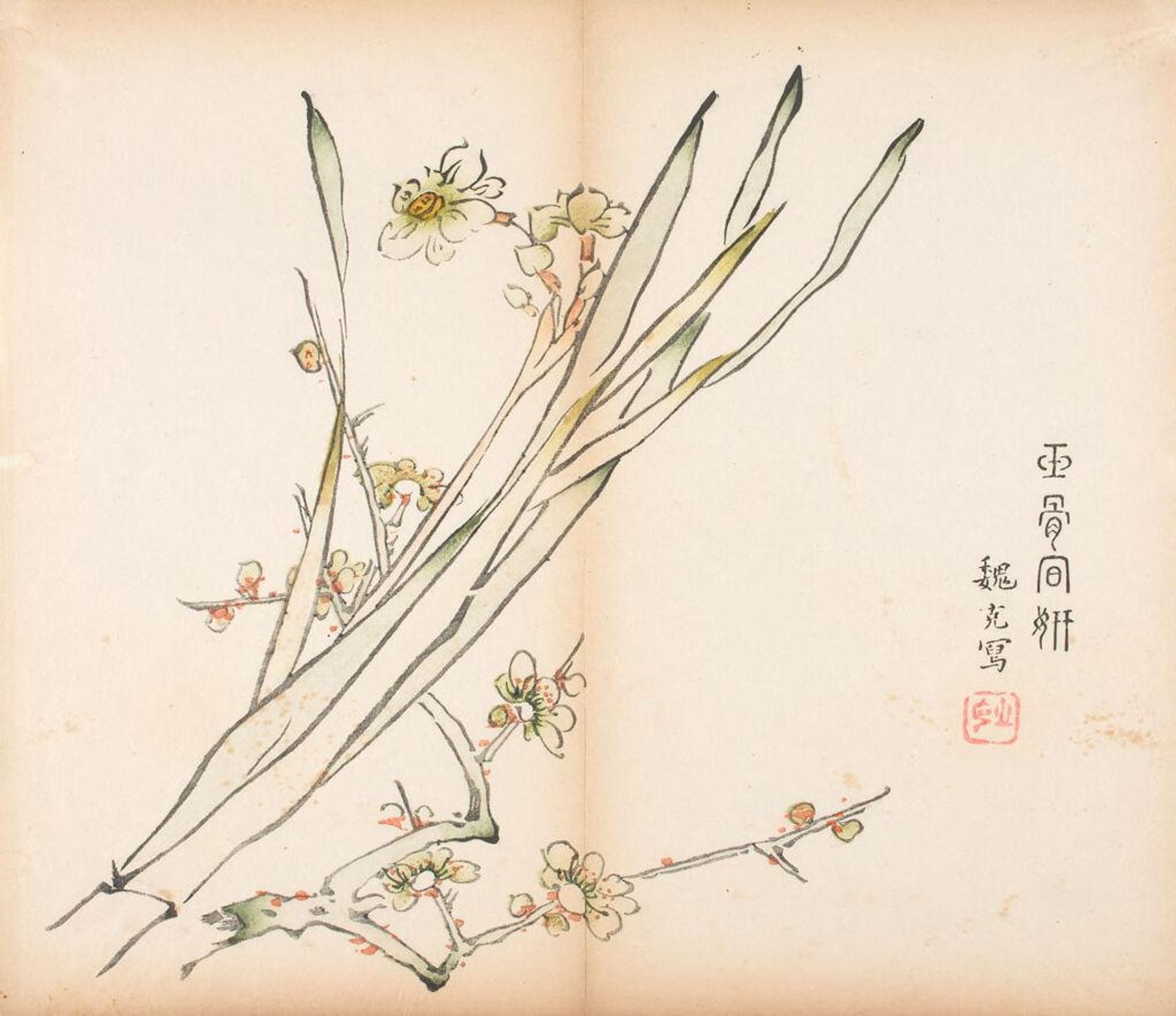 Plum Blossoms and Narcissus -- Illustration from the Ten Bamboo Studio Manual of Calligraphy and Painting (Shizhuzhai shuhua pu) by Hu Zhengyan