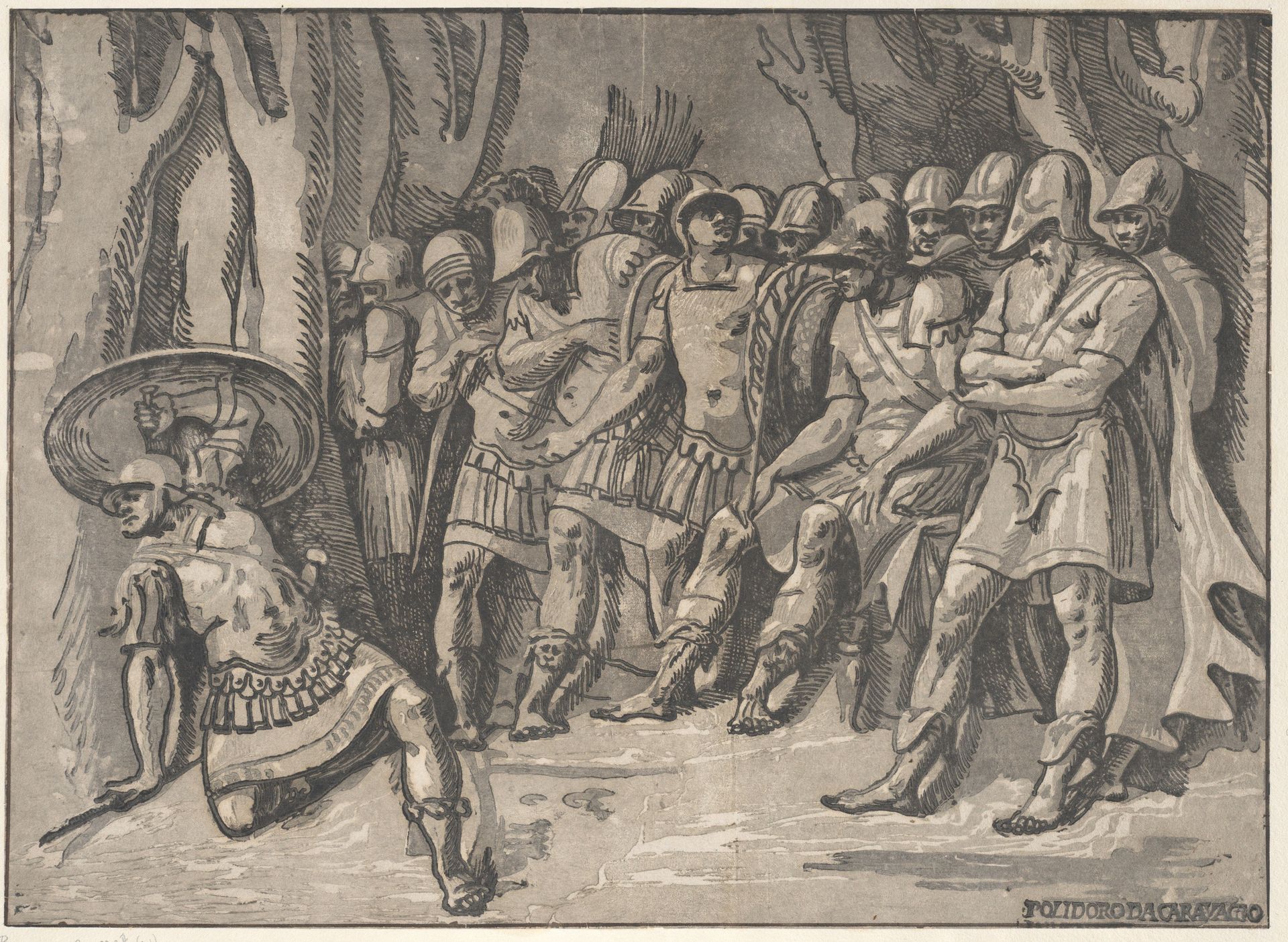 Ajax lower left holding a shield aloft, at the right stands Agamemnon surrounded by his soldiers by Niccolò Vicentino