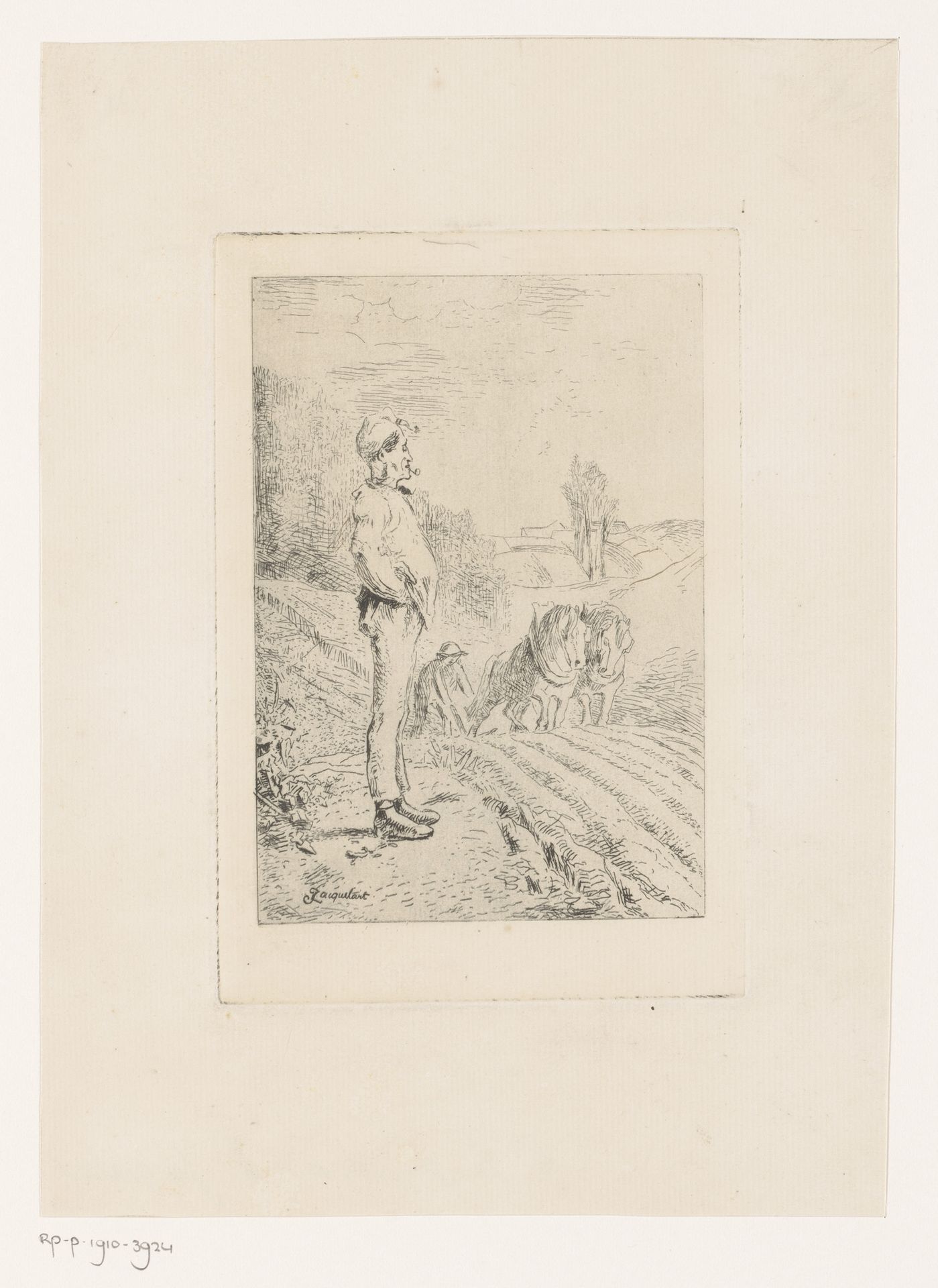 Man met pijp kijkt toe hoe een akker geploegd wordt met een ploeg getrokken door twee paarden by Lambert Jacquelart