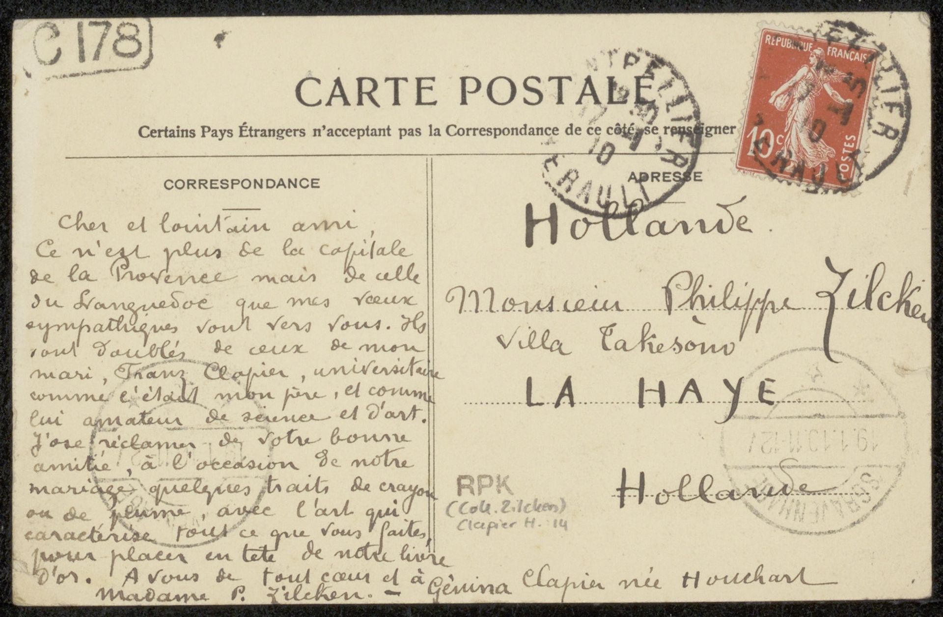 Prentbriefkaart aan Philip Zilcken by Eugénie Clapier-Houchart