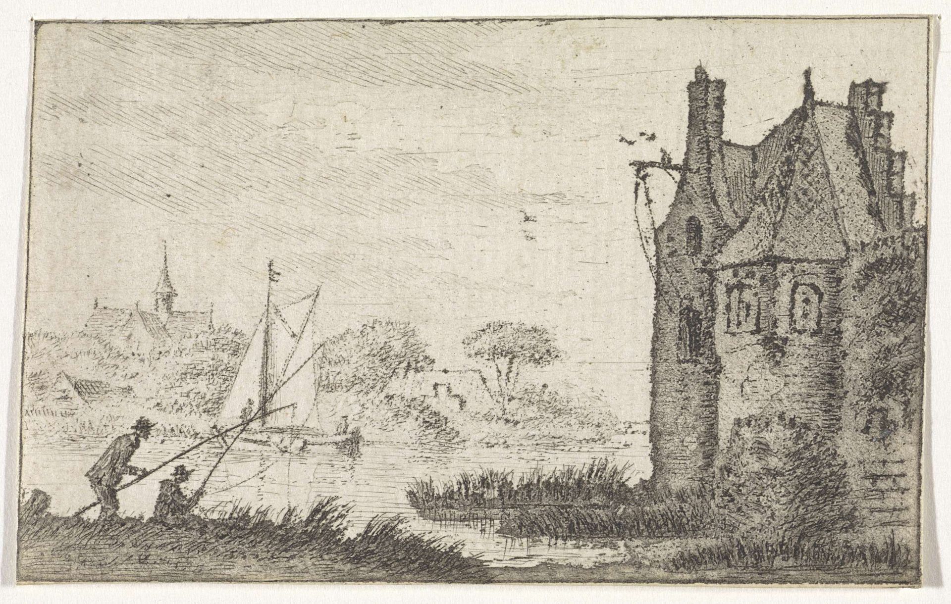 Hengelaars bij een versterkt huis aan een rivier by Hendrik Spilman