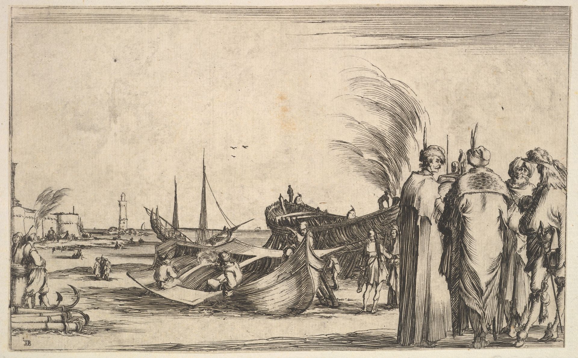 Three Turks and an Italian gentleman standing to right, men work on small boats in center, a fortress to left in the background, from 'Set of eight nautical landscapes' (Suite de huit Marines) by Stefano della Bella