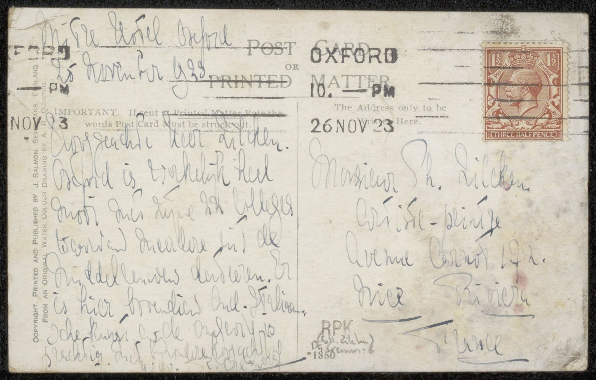 Prentbriefkaart aan Philip Zilcken by R. Cremers