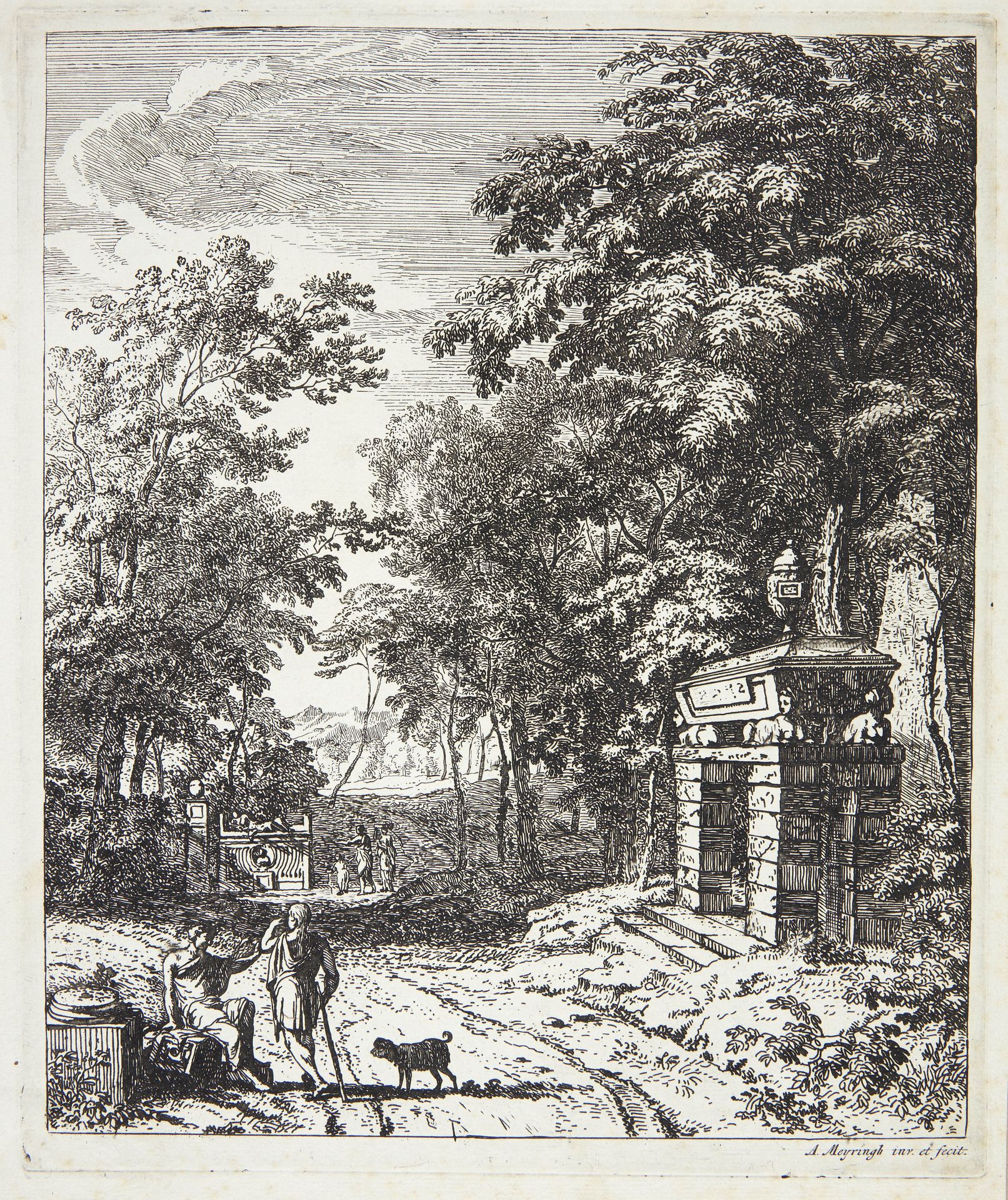 To vejfarende ved et gravmonument by Albert Meyering