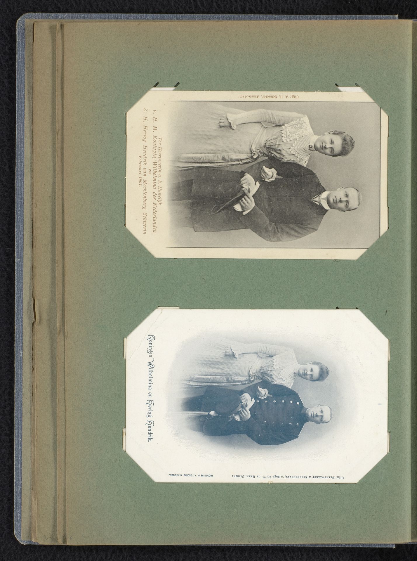 Twee prentbriefkaarten met een portret van koningin Wilhelmina en prins Hendrik by Wegner & Mottu