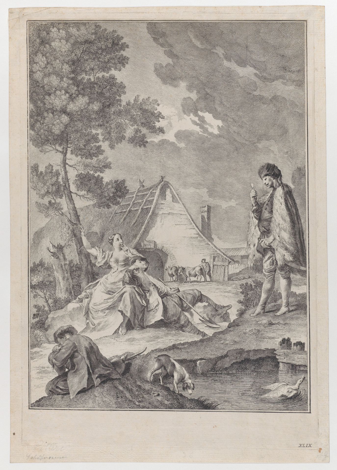 Plate XLIX: Pastoral scene with peasants napping, one resting on a woman under a tree, a soldier approaches at right; from 'Studi di pittura gia dissegnati da Giambatista Piazzetta' after Giovanni Battista Piazzetta by Giuliano Giampiccoli