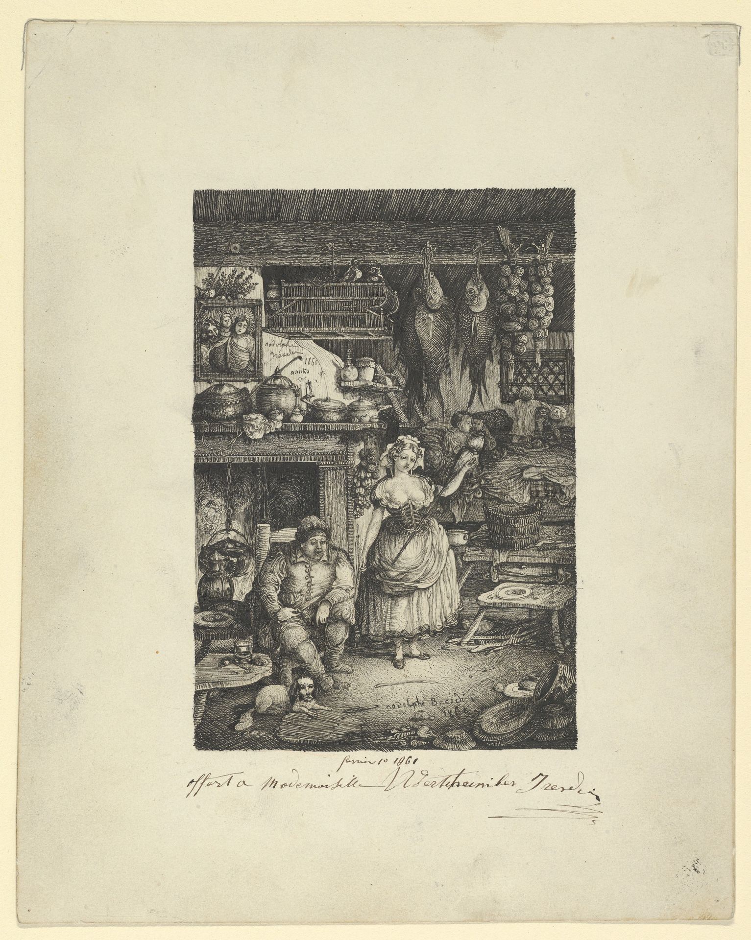 Peasants' interior with spinner by Rodolphe Bresdin
