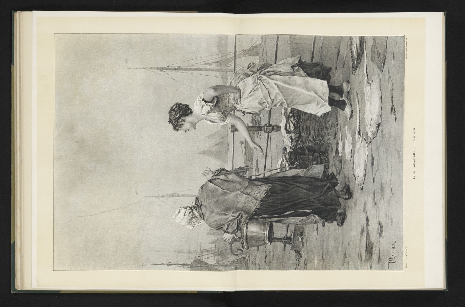 Reproductie van een schilderij van een vrouw die wegloopt bij de visboer door Frederik Hendrik Kaemmerer by Valadon & Cie. Boussod