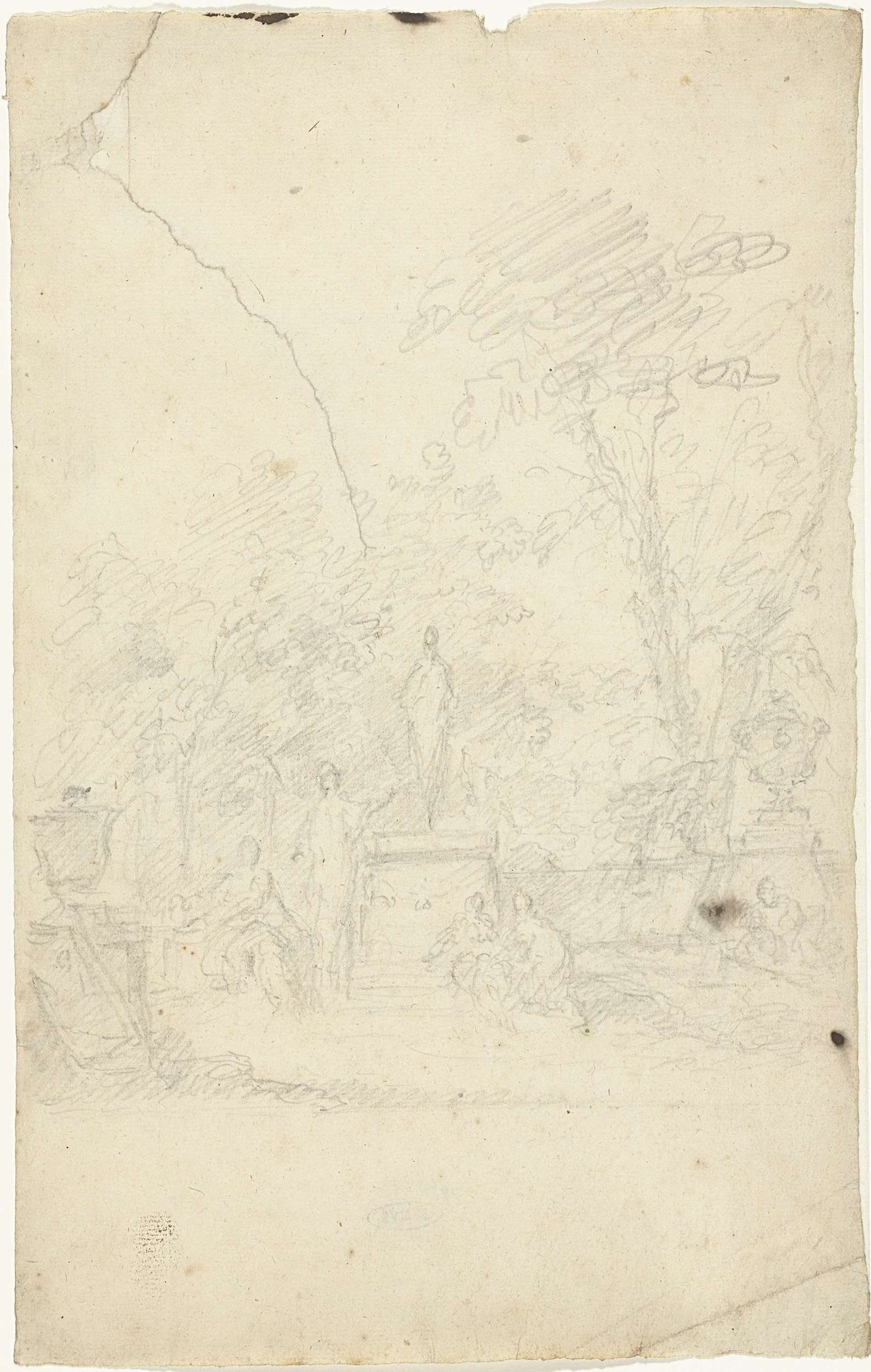 Figuren rond een standbeeld in een tuin by Dionys van Nijmegen