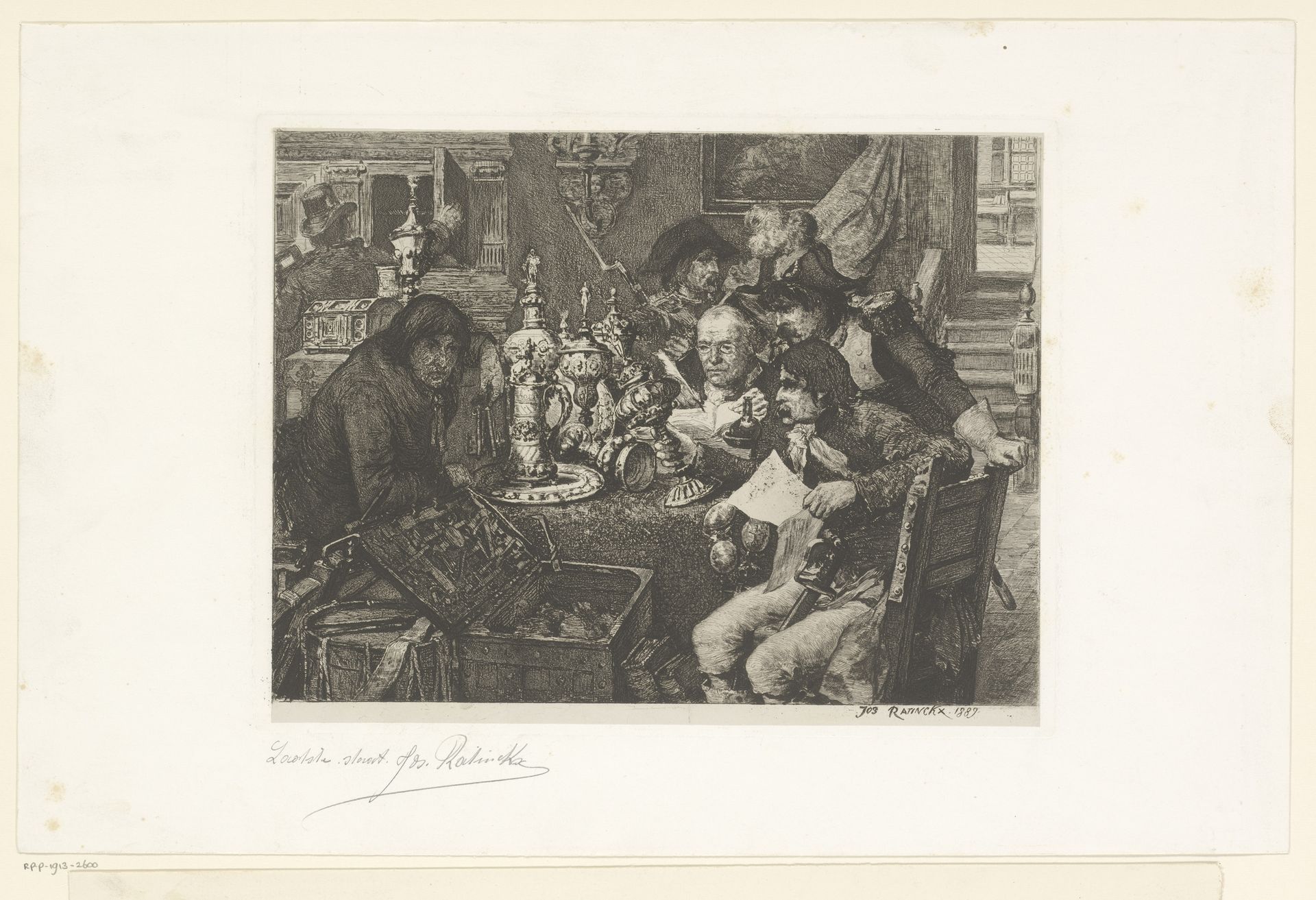 Zes mannen in een interieur rondom een tafel bekijken rijkelijk vaatwerk by Jos Ratinckx