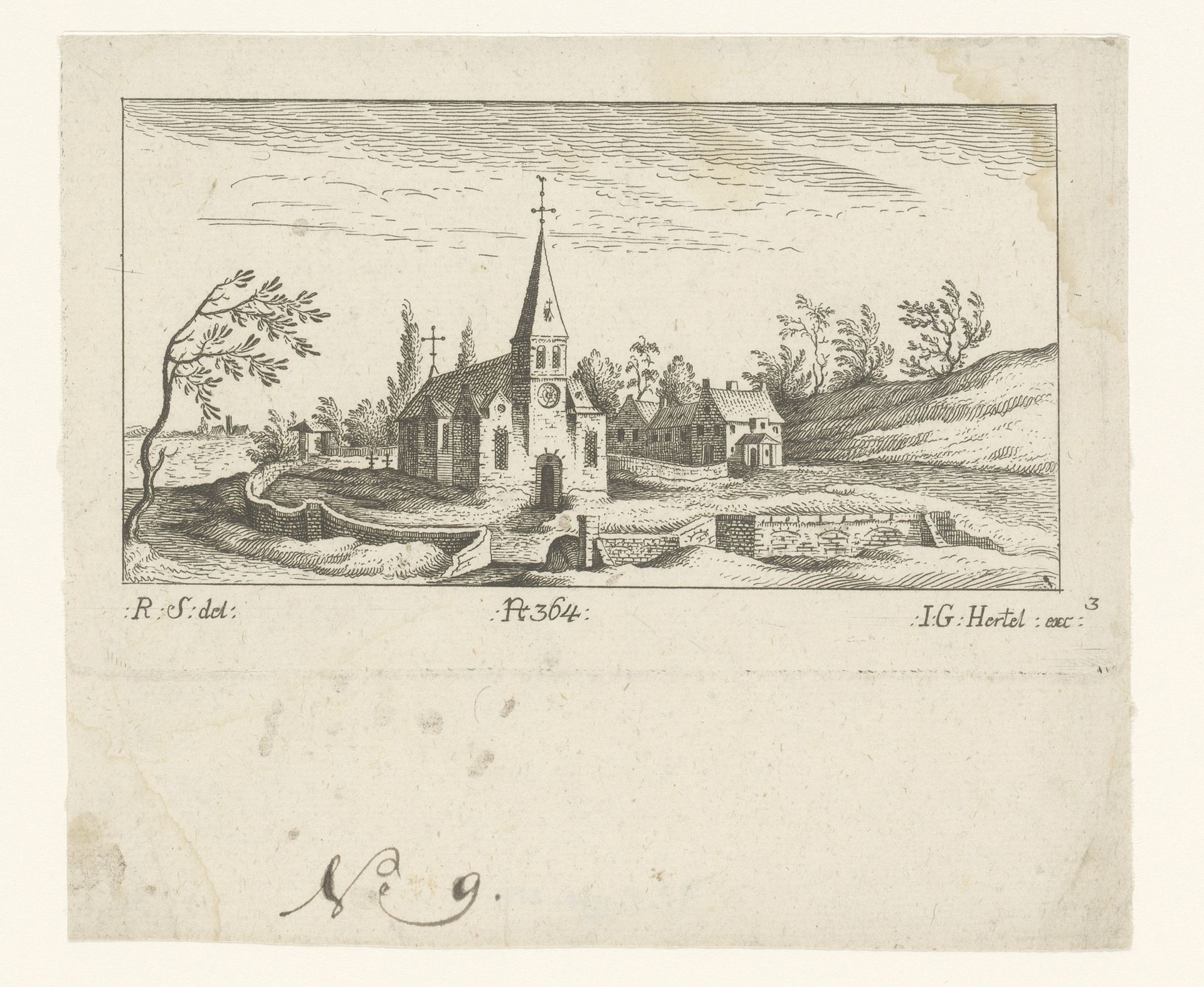 Landschap met kerk aan een meer by Johann Georg Hertel