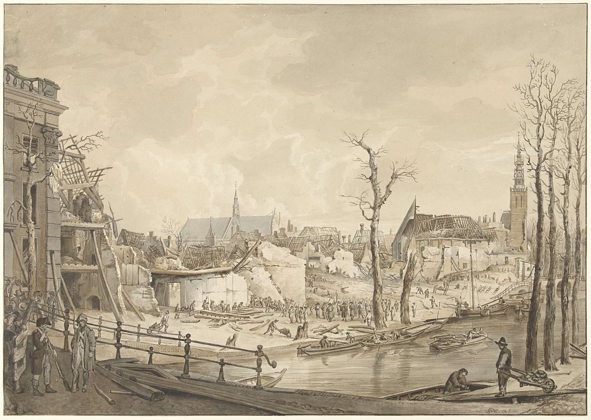 Ruïnes op de noordzijde van het Steenschuur na de Buskruitramp te Leiden, 12 januari 1807 by Pieter Gerardus van Os