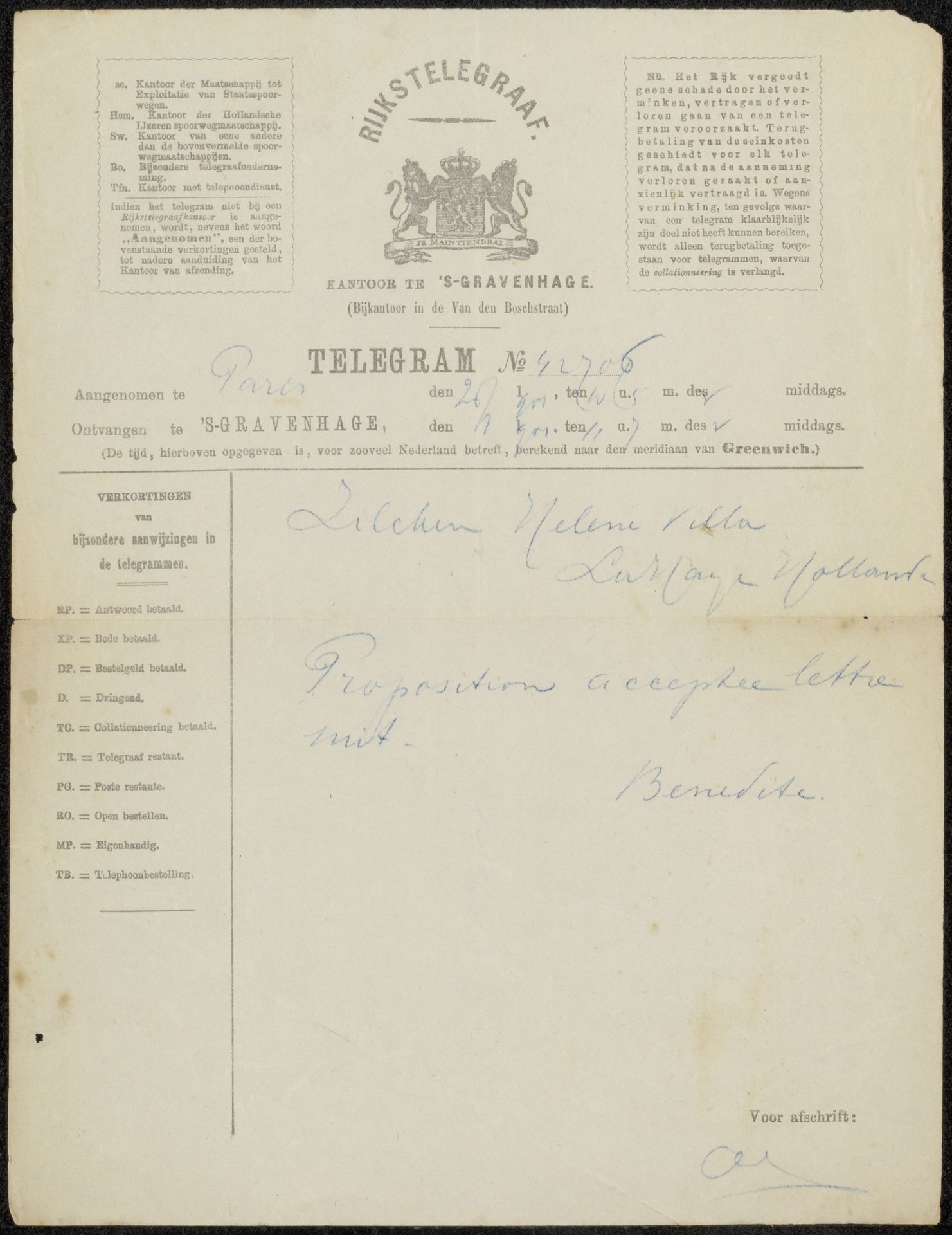 Telegram aan Philip Zilcken by Léonce Bénédite