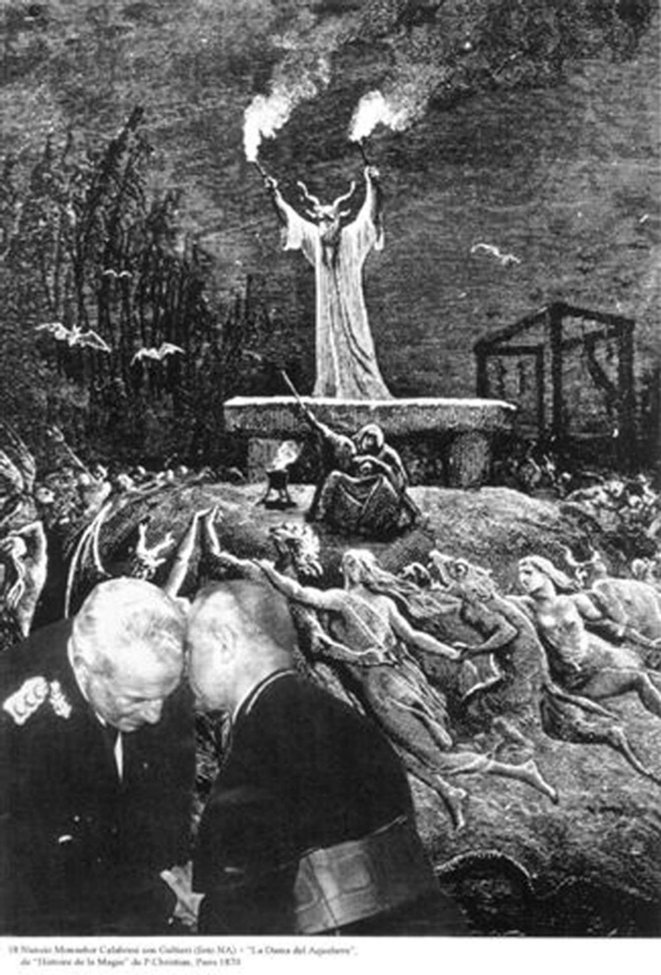 Nuncio Monsignor Calabresi with Galtieri (Photo: NA) + ‘The Lady of the Witches’ Sabbath’ from ‘Histoire de la Magie’ by P. Christian, Paris 1870 by  León Ferrari