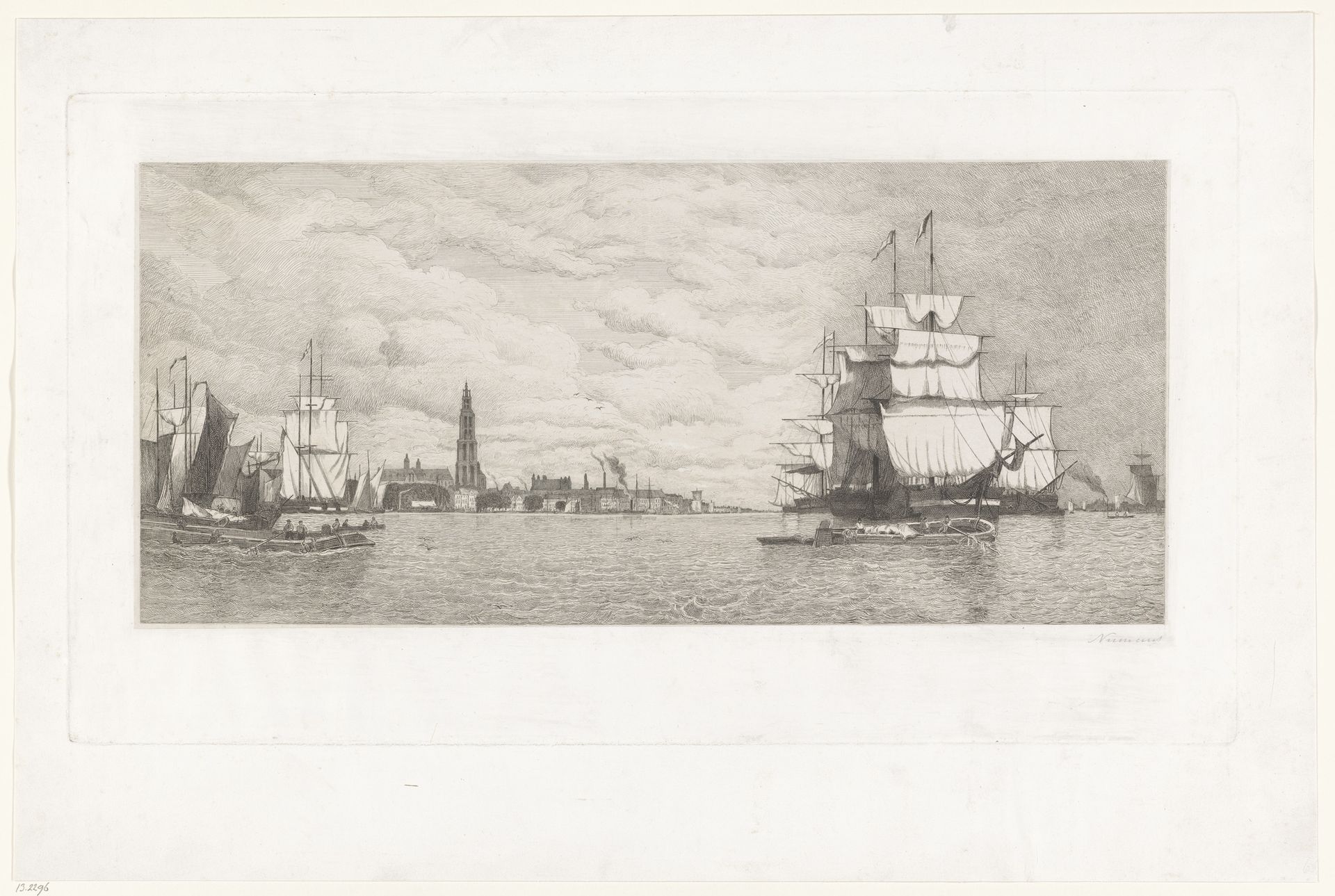 Gezicht op Antwerpen vanaf de Schelde by Auguste Numans