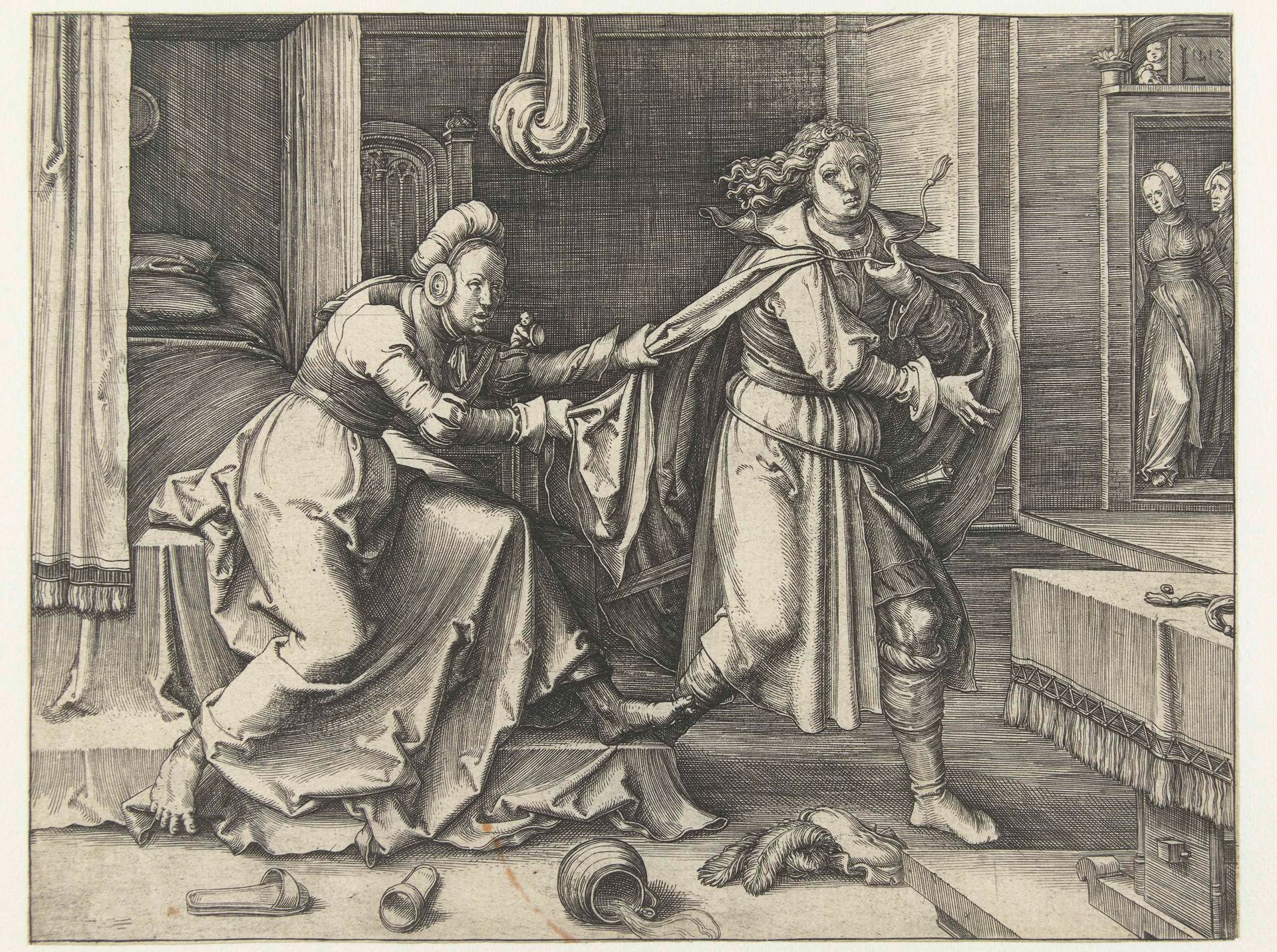 Jozef ontvlucht de vrouw van Potifar by Lucas van Leyden