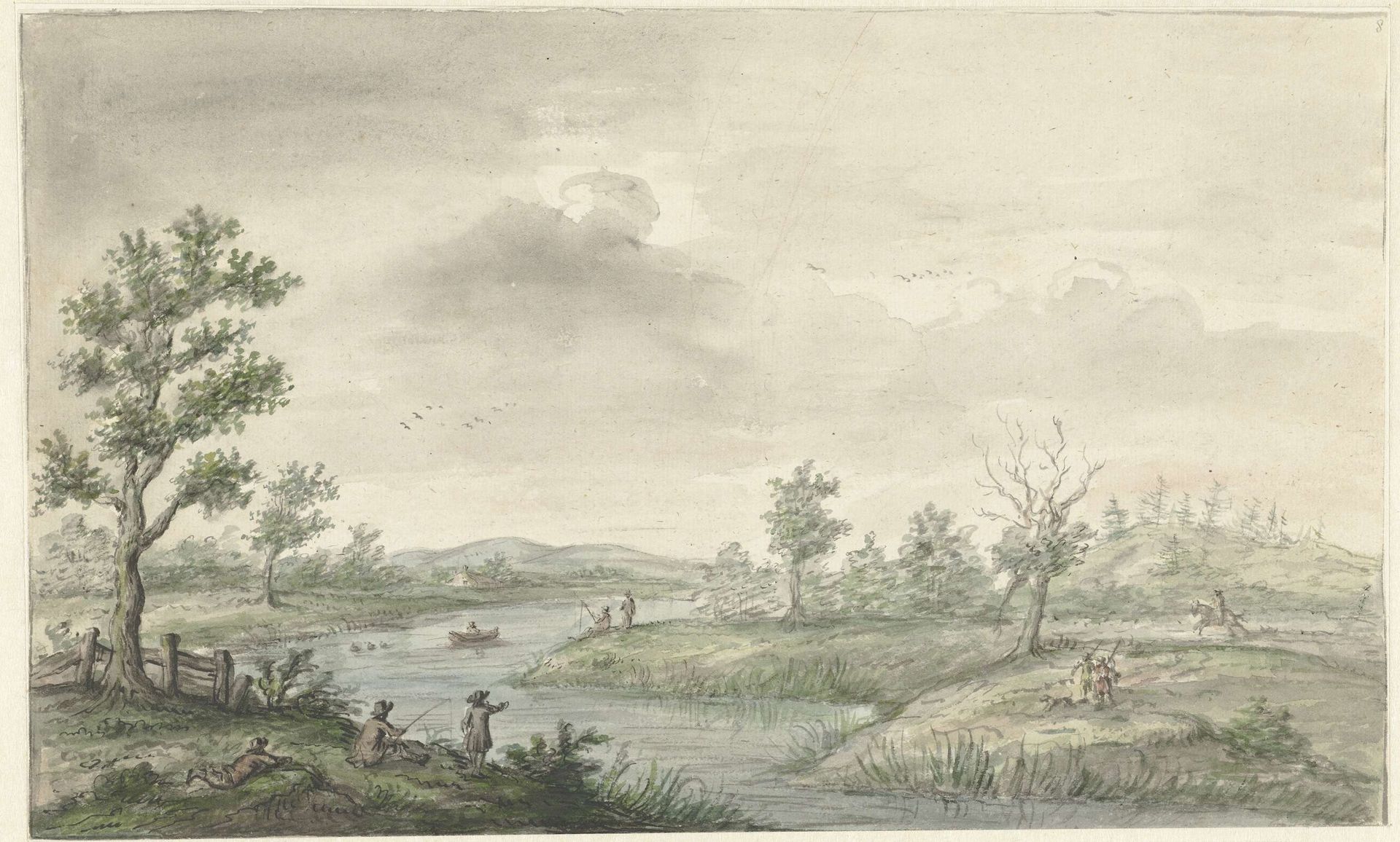 Landschap met kronkelende rivier en hengelaars by Gerrit Grasdorp