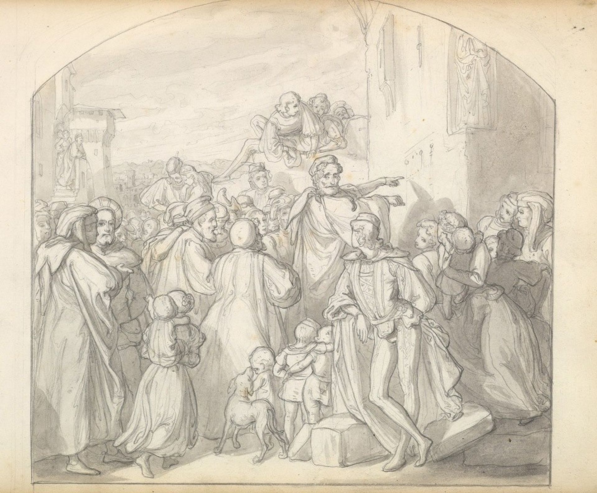 An Artist Drawing on Wall of a Church Watched by a Crowd by Frederic Leighton