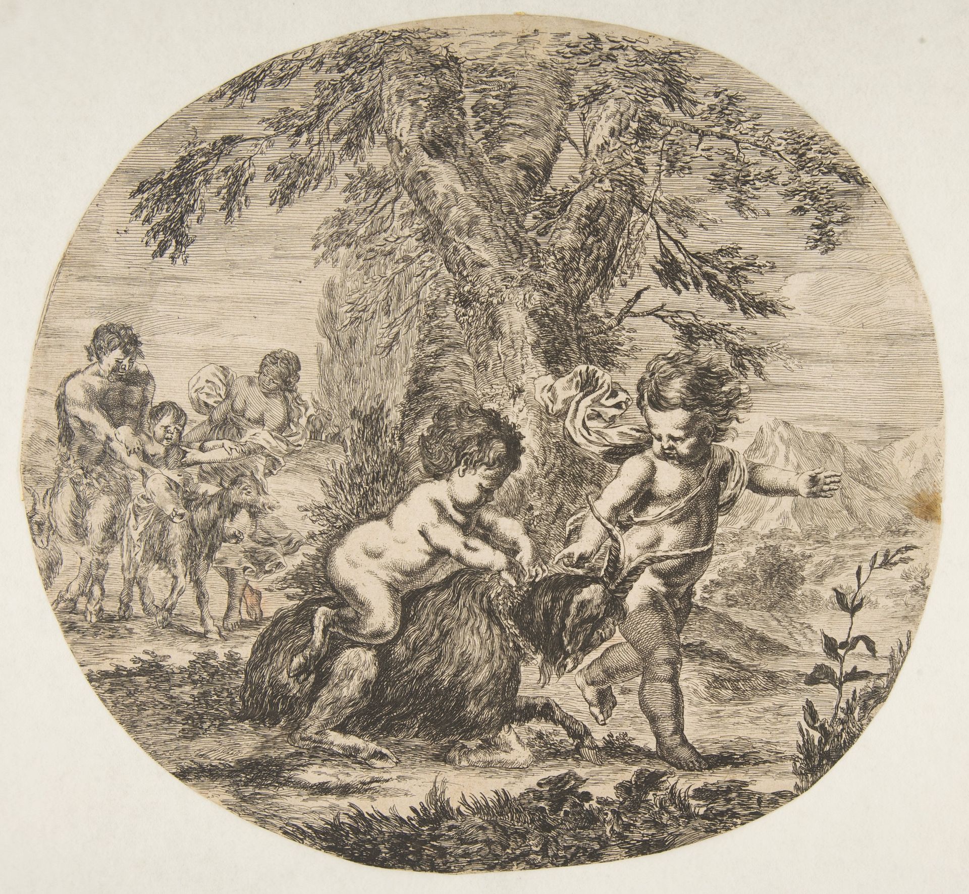 A child and a satyr child playing with a goat by Stefano della Bella