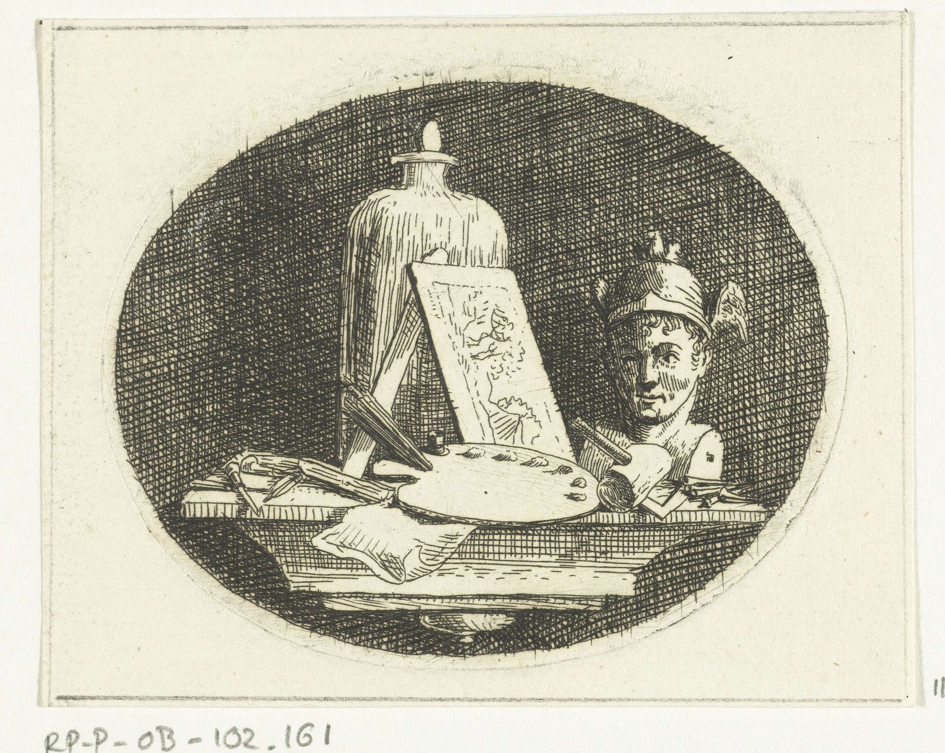 Stilleven met palet, schilderij en buste van Mercurius by Anthonie van den Bos