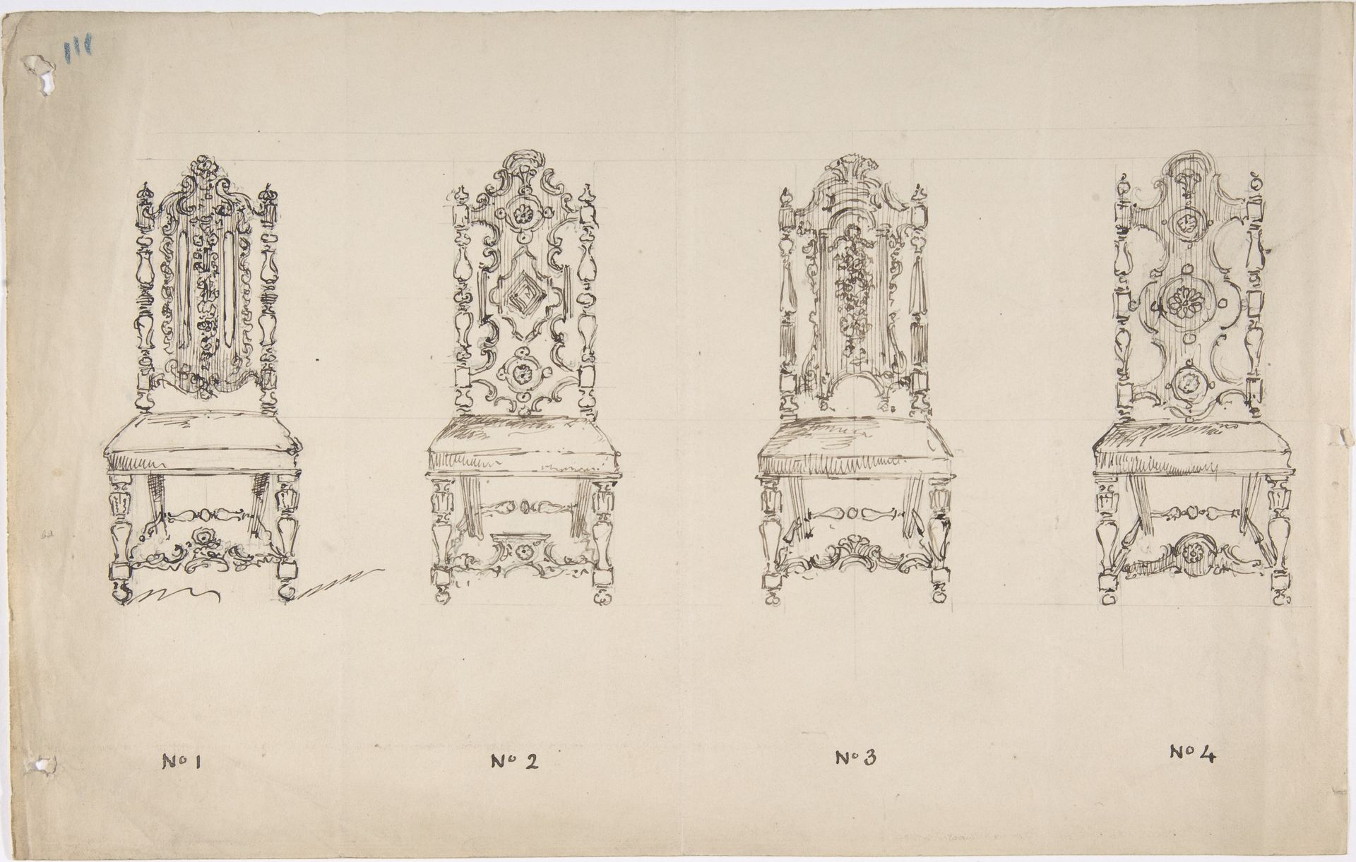 Design for Four Seventeenth Century Style Chairs by Anonymous