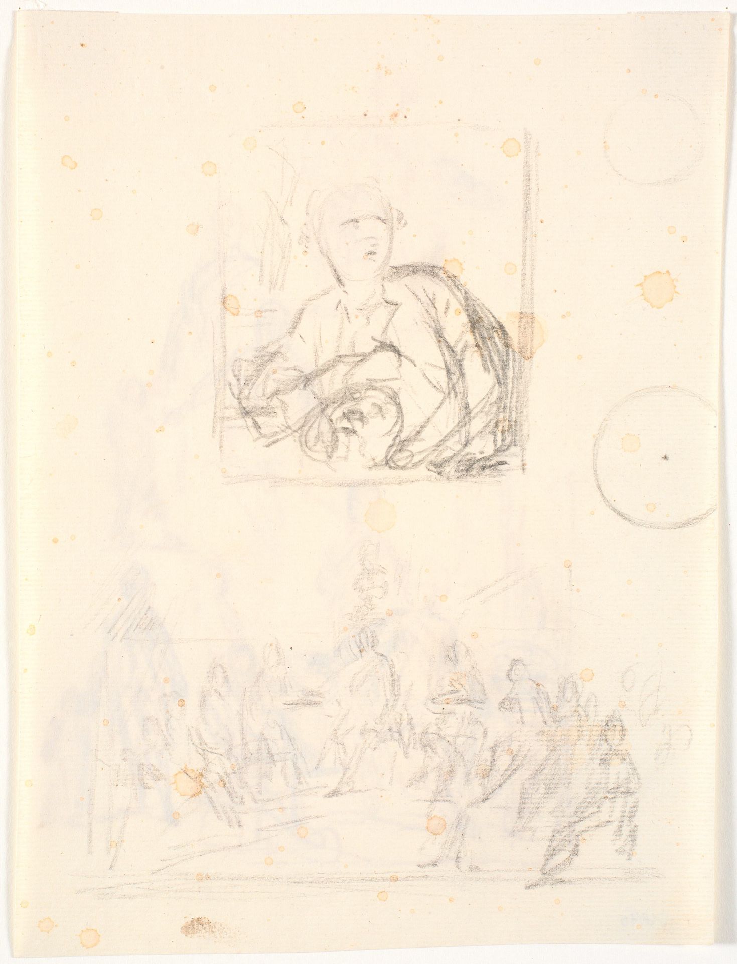 To skitser. F.o. skitse til maleriet af Andreas Weidenhaupt, Kunstakademiet. F.n. en figurgruppe by C.A. Lorentzen
