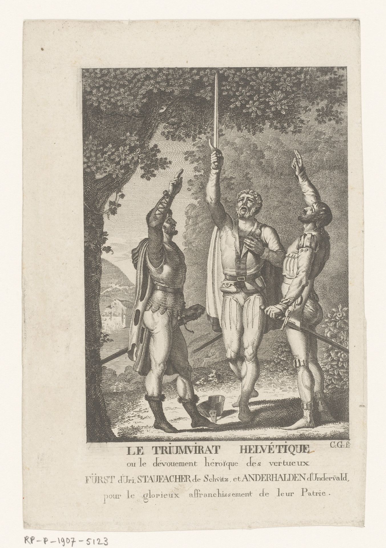 Drie edelmannen omhoog wijzend, waarvan de middelste met zwaard by Charles Girardet