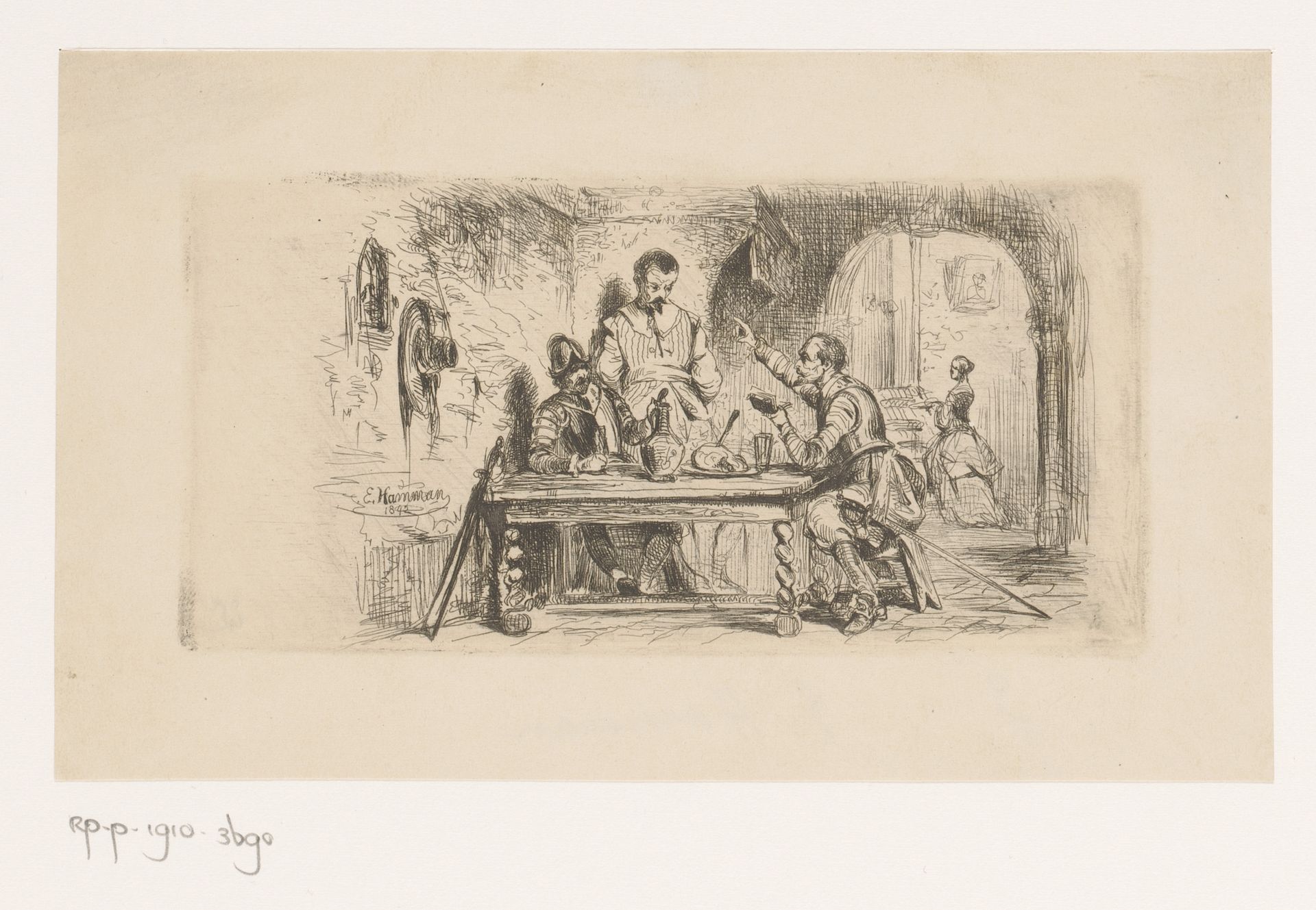 Drie soldaten aan een tafel op een binnenplaats, een van hen leest voor uit een boek by Edouard Hamman