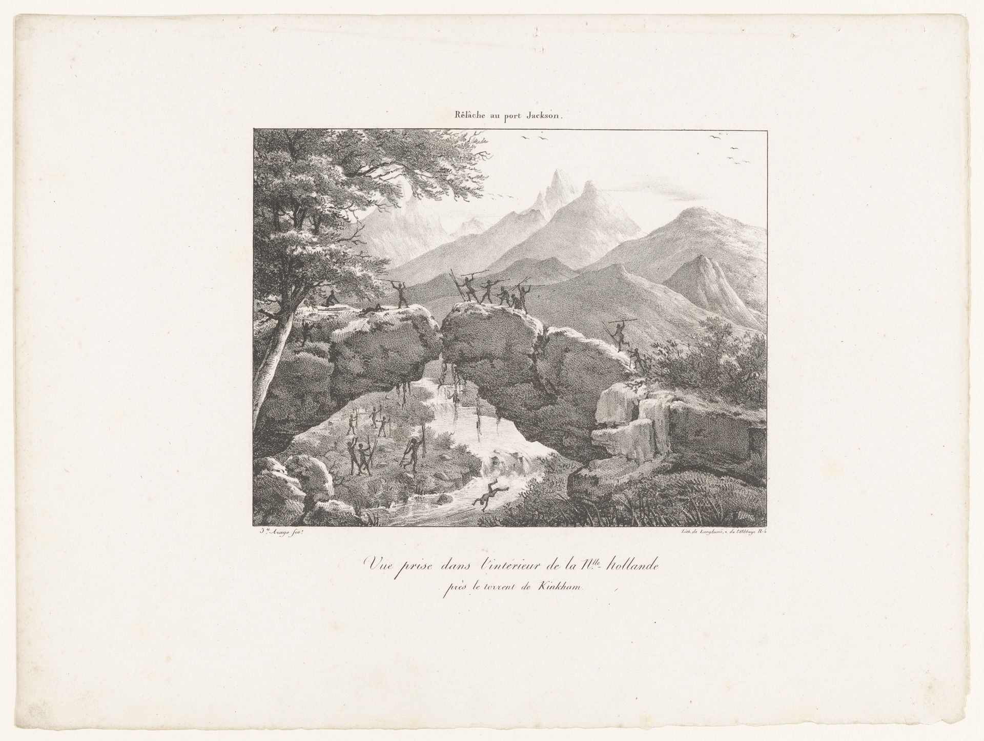 Gevecht tussen inwoners van Nieuw Holland op een natuurlijke brug over een rivier by Jacques Etienne Victor Arago