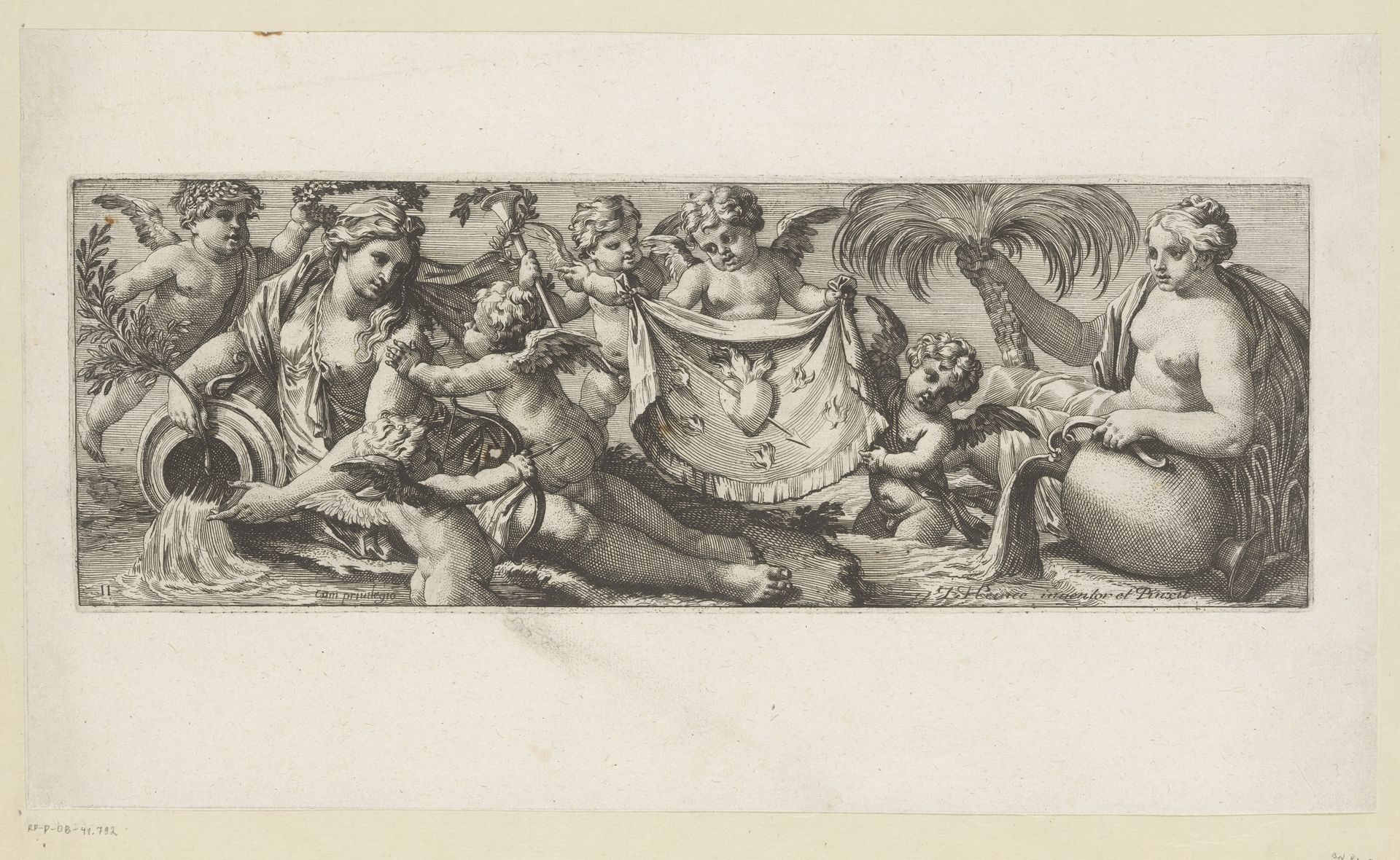 Putto met brandend en doorboord hart bij een paar waternimfen by François Bignon