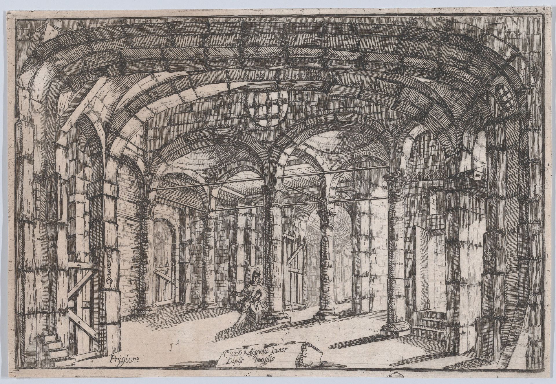 Interior of a prison in which sits a woman (possibly a theatre set) by Carlo Antonio Buffagnotti