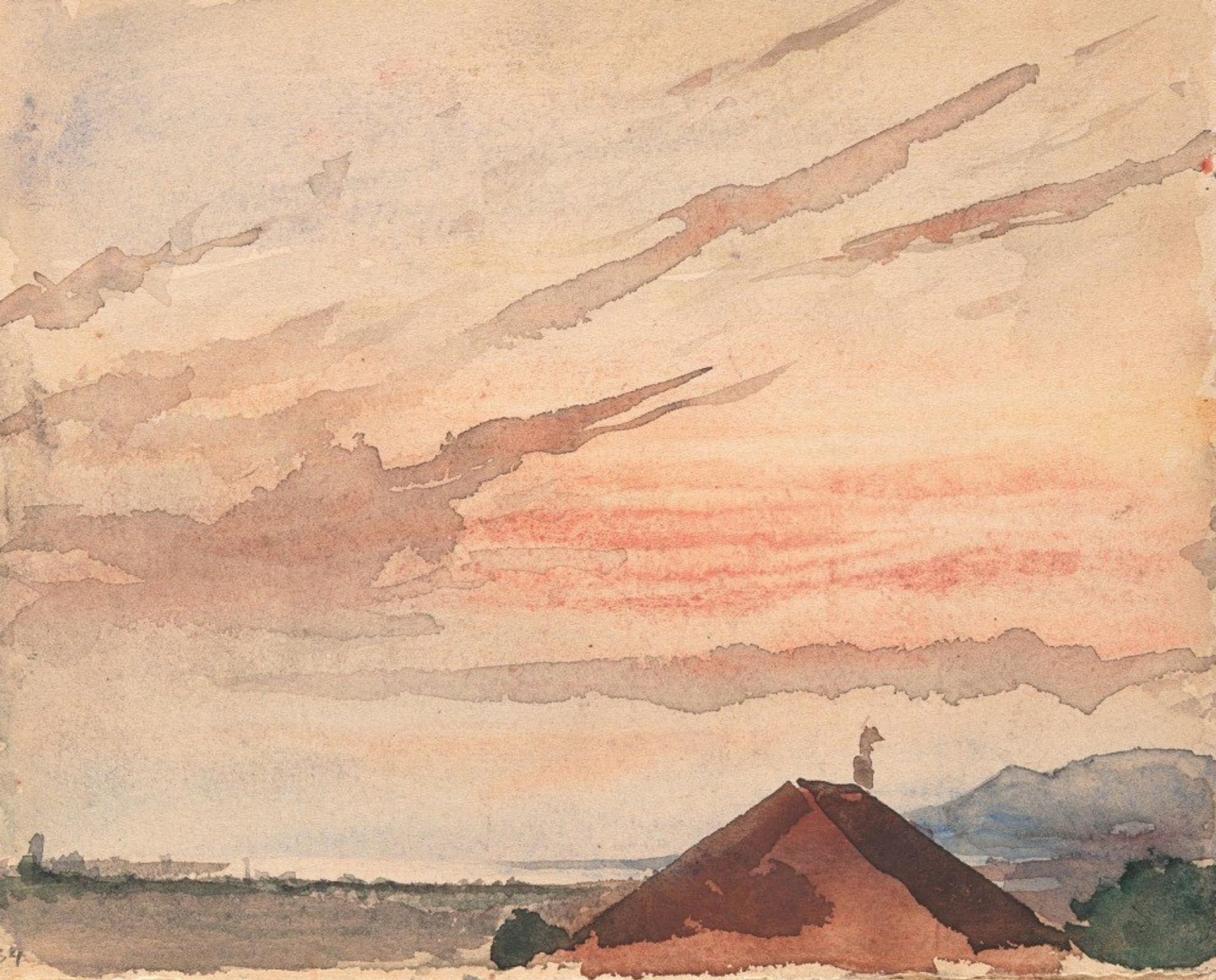 Blick über ein Hausdach auf das Nordostende des Neuenburger Sees bei Abenddämmerung by Albrecht Anker