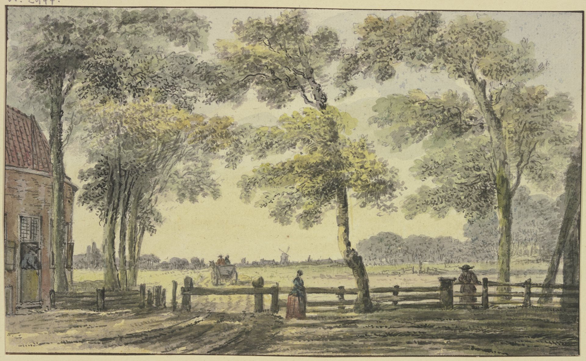Haus unter Bäumen, am Tor eine Frau, außerhalb des umzäumten Grundstücks ein sich entfernender Wagen by Hendrik Spilman