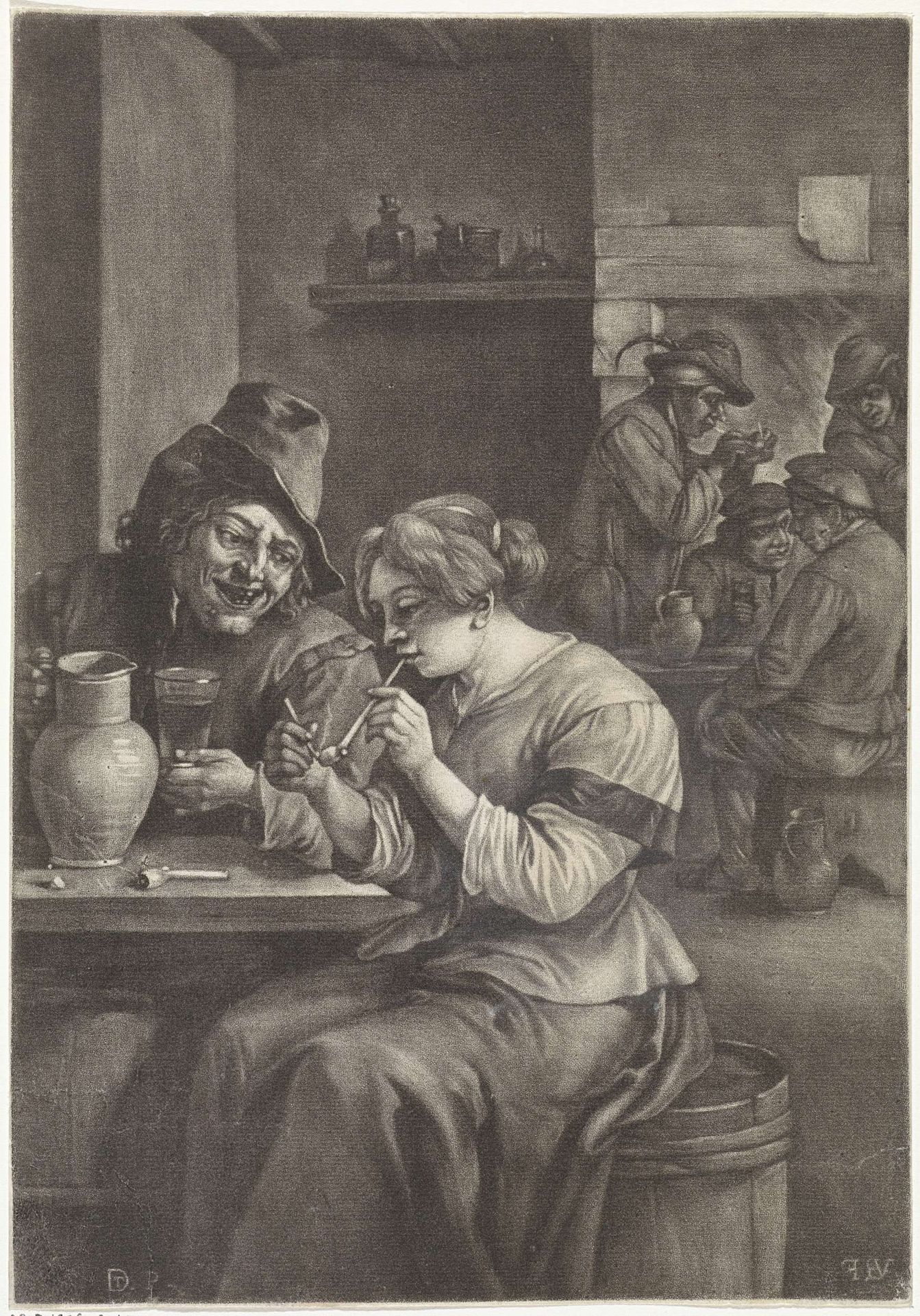 Vrouw steekt haar pijp aan by Jan van der Bruggen